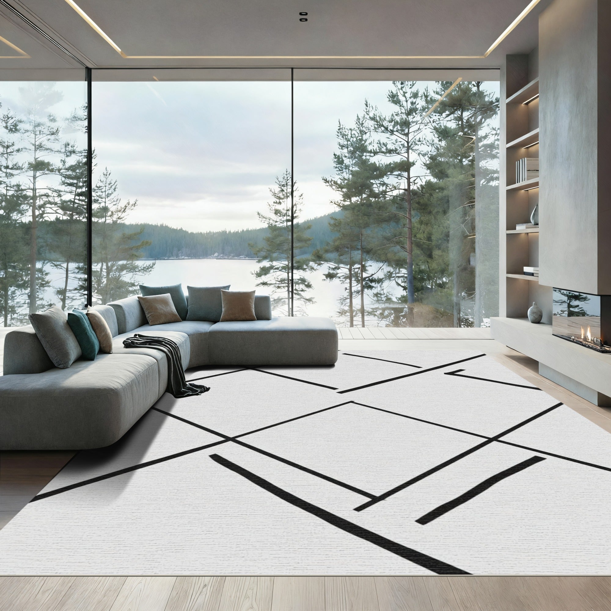 Monochrome Interlocking Geometric Squares Rug