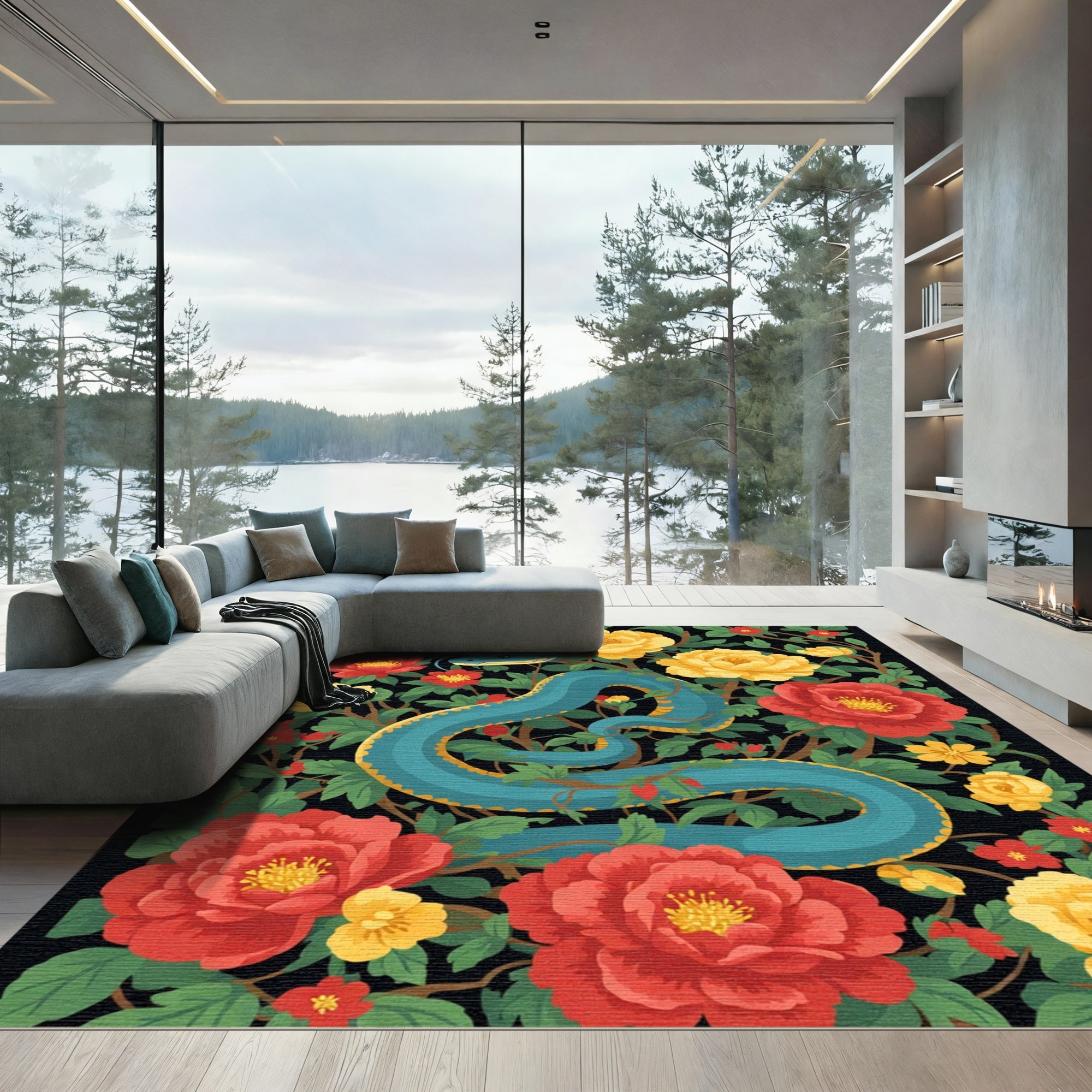 Blue Serpent Among Red Yellow Blooms Rug