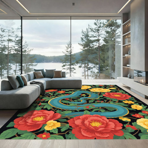 Blue Serpent Among Red Yellow Blooms Rug