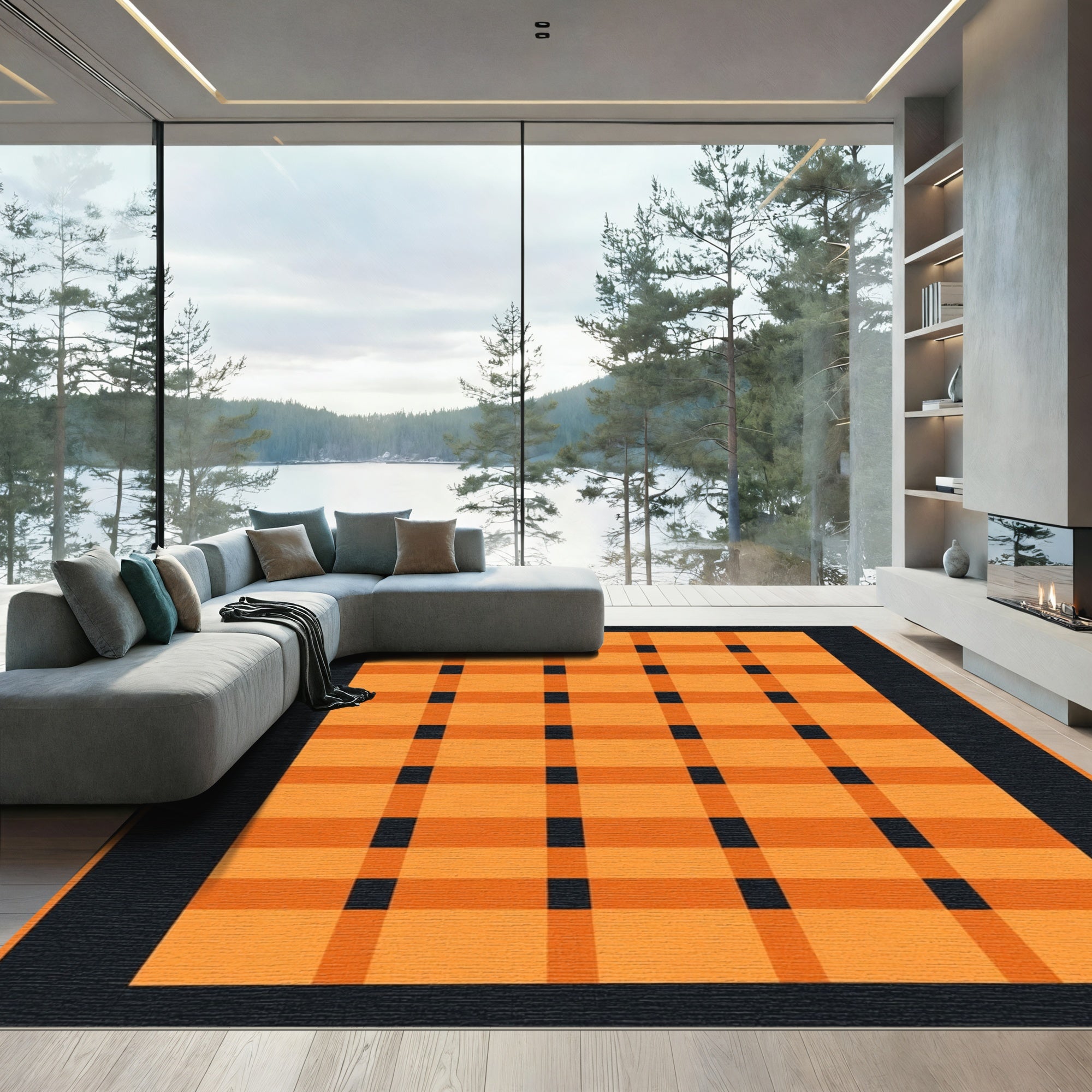 Bold Orange and Black Plaid Rug
