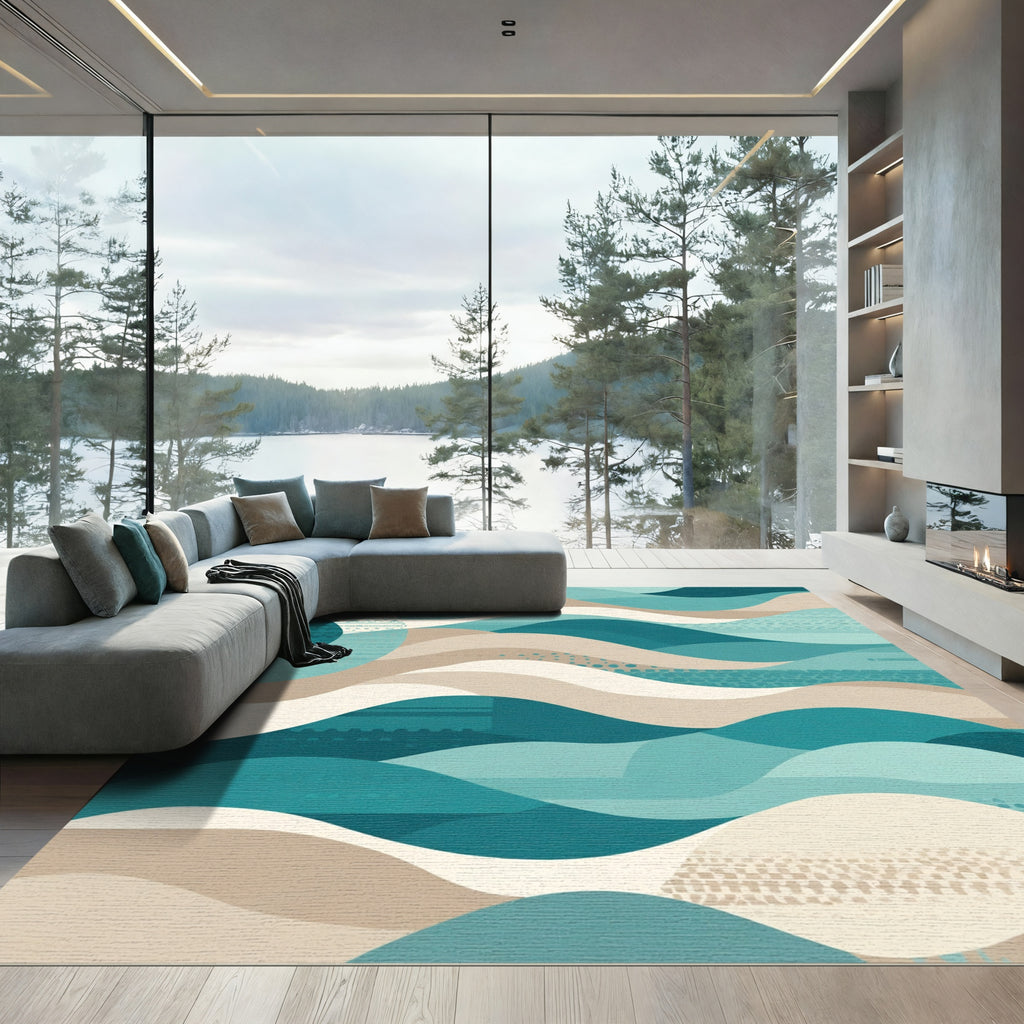 Modern Teal Tan Wave Layers Rug