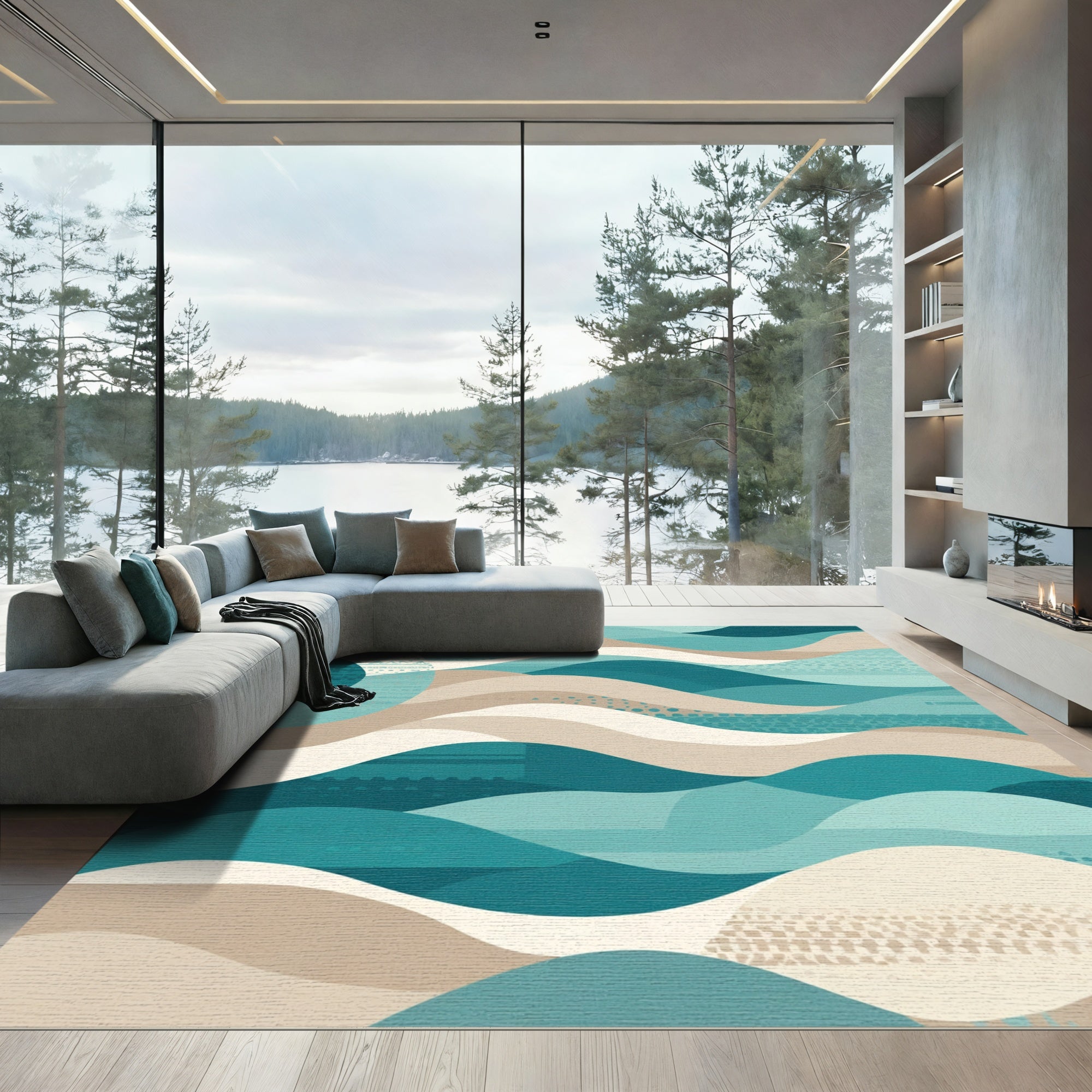 Modern Teal Tan Wave Layers Rug