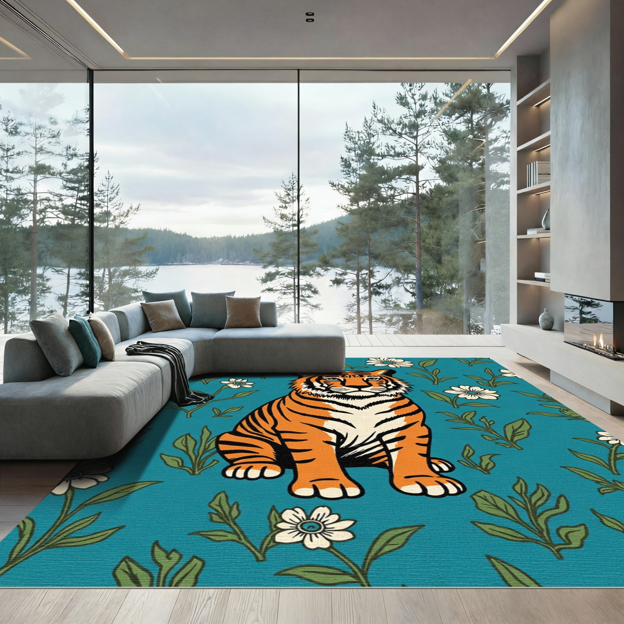Orange Tiger White Flower Garden Rug