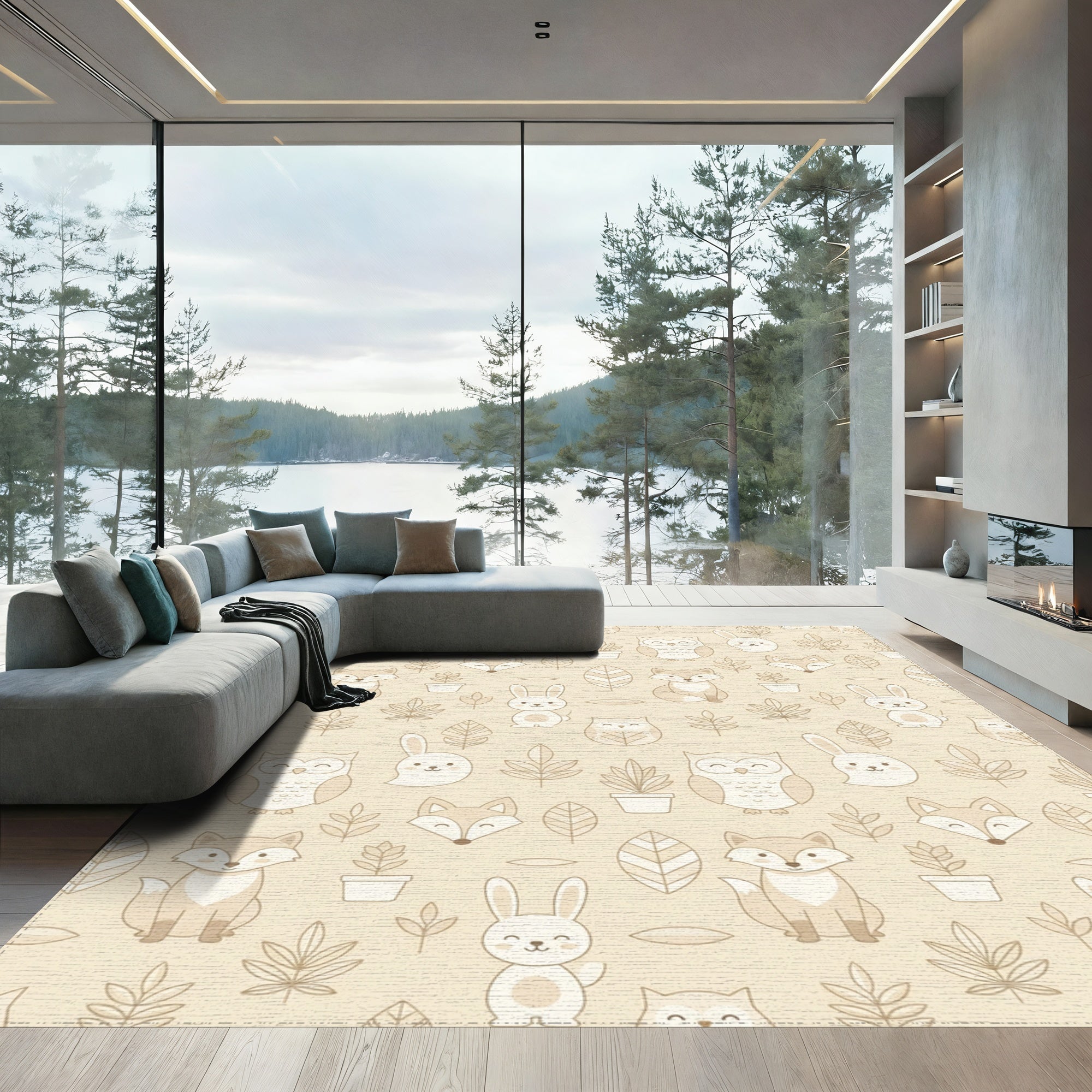 Cute Woodland Friends and Foliage Background Rug