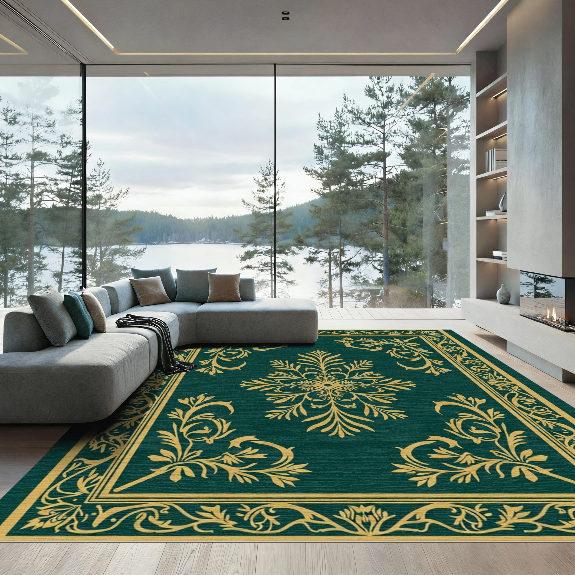 Deep Teal Golden Flourish Medallion Rug