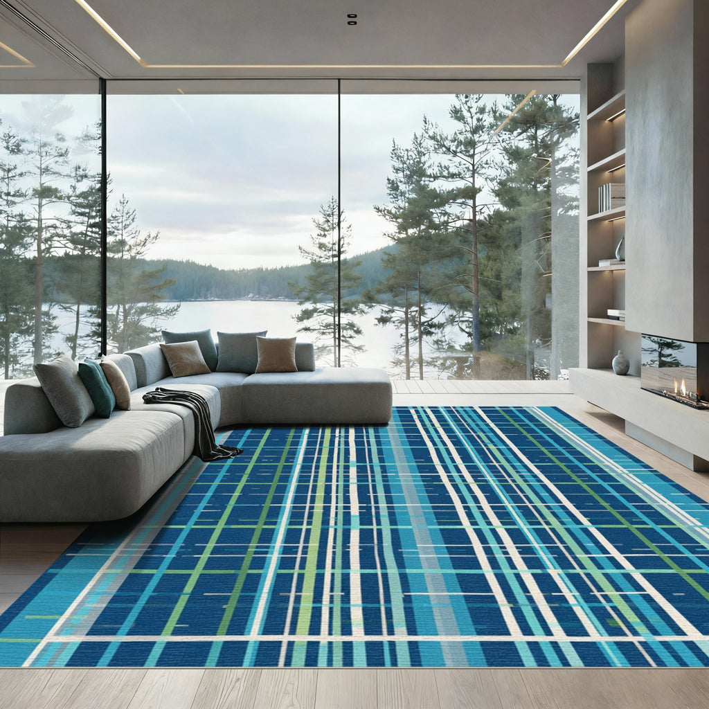 Deep Blue Green White Plaid Stripes Rug