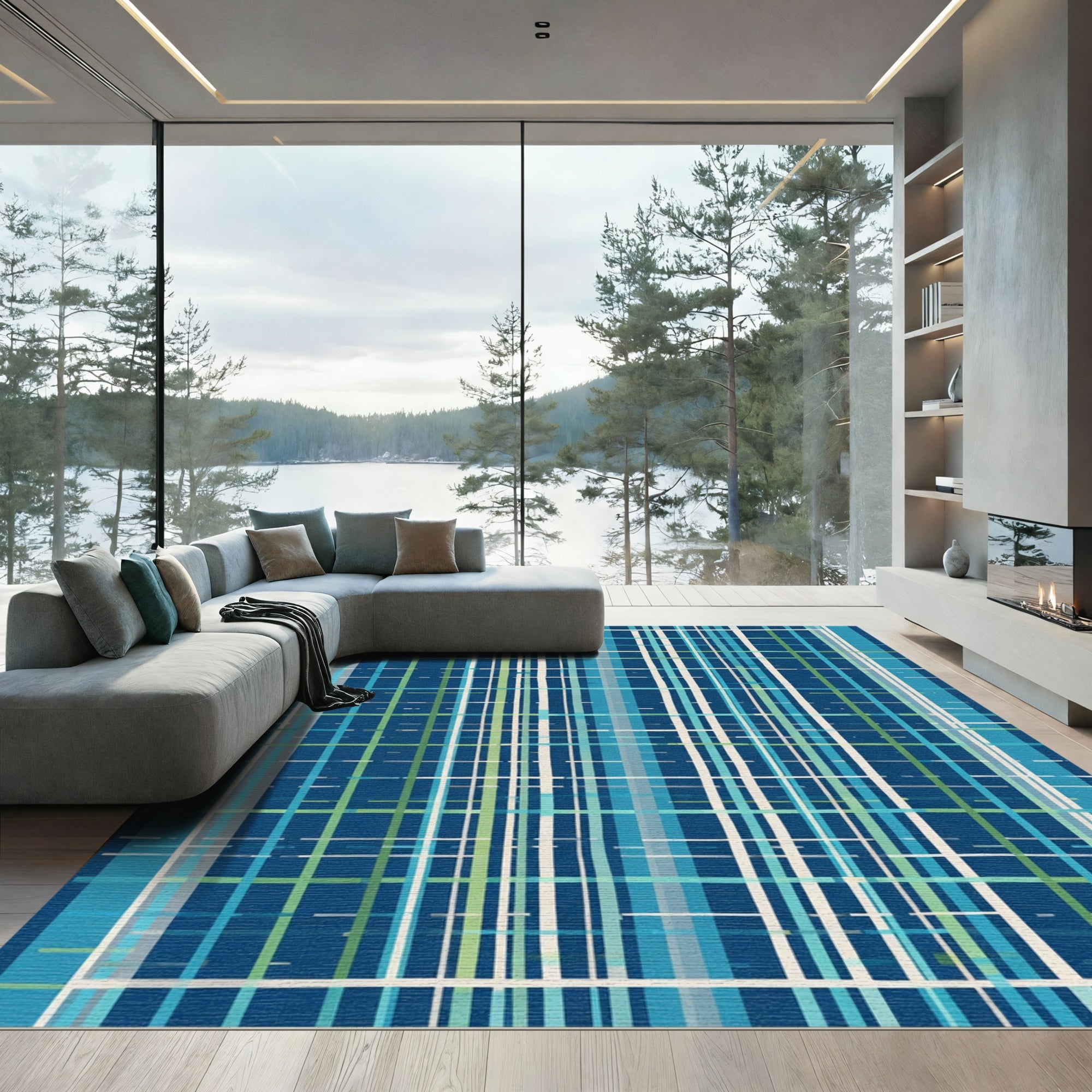 Deep Blue Green White Plaid Stripes Rug