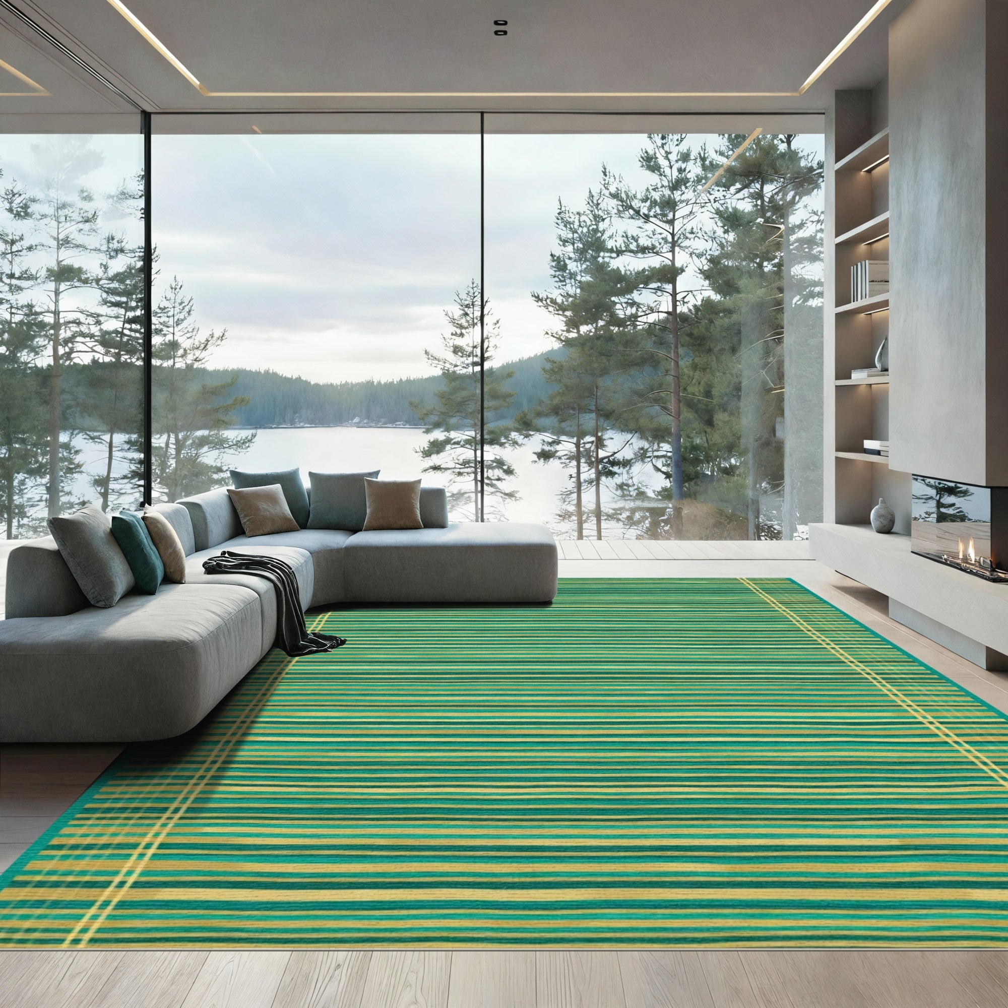 Teal Gold Striped Border Rug