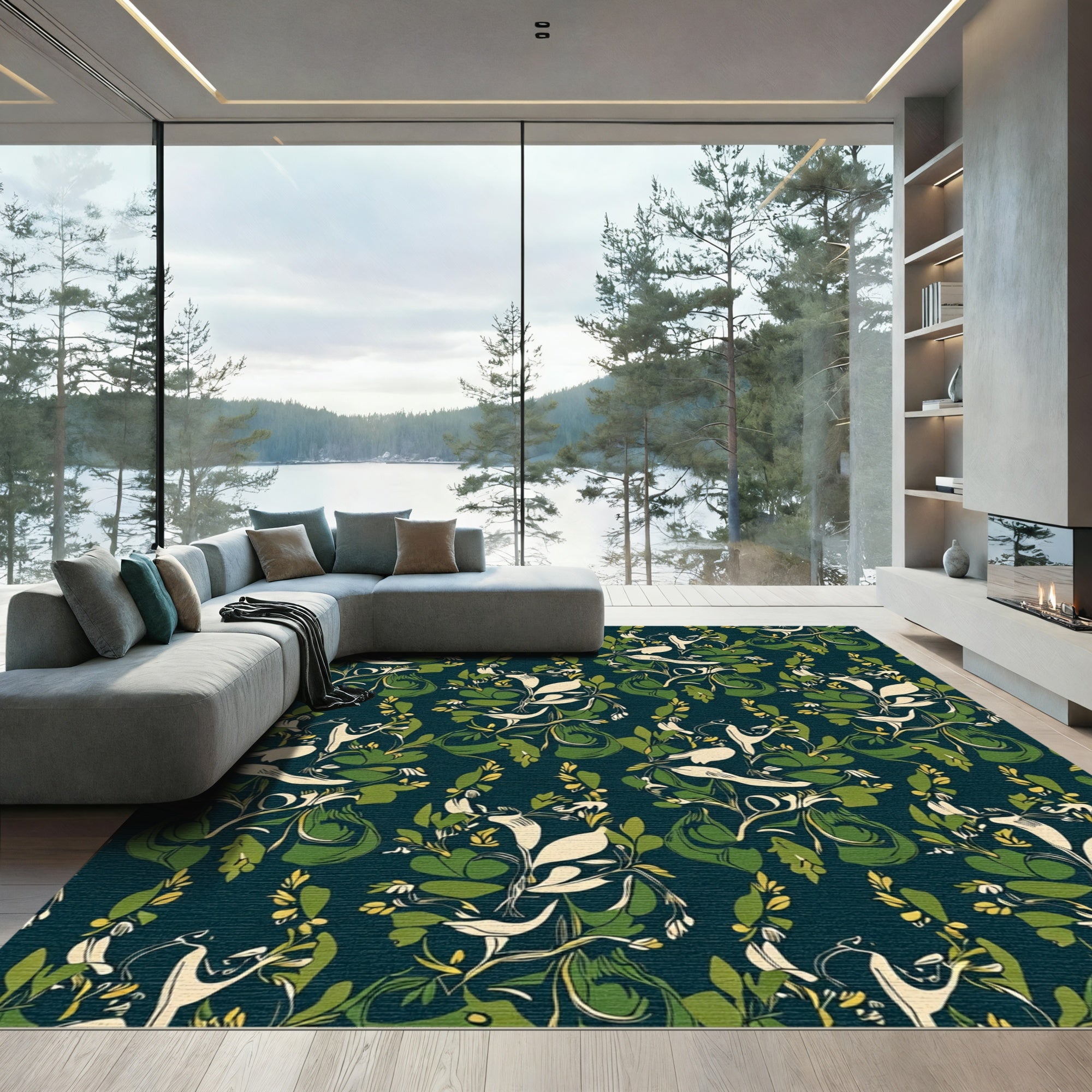 Dark Teal Cream Bird Pear Branches Rug