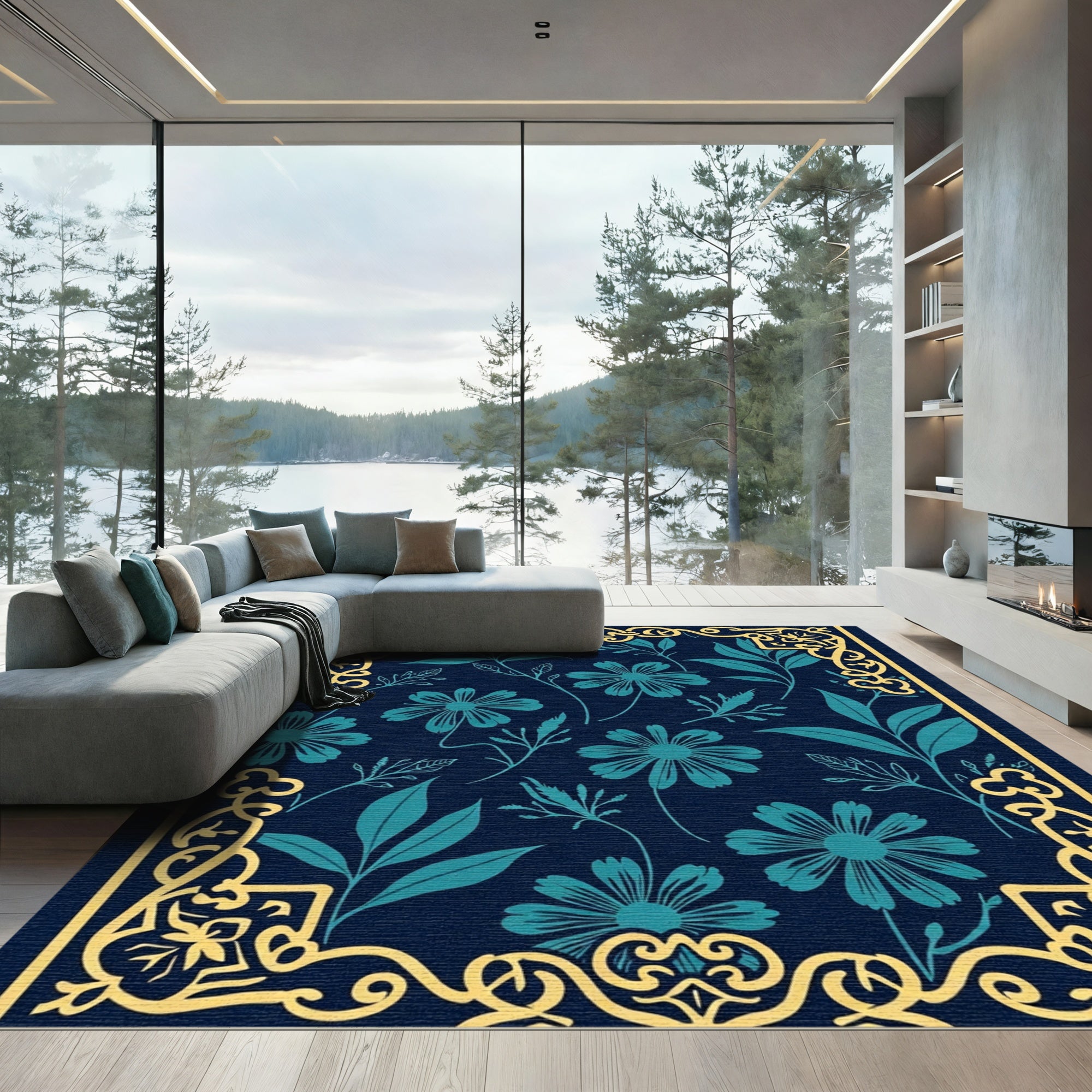 Deep Blue Floral Corner Border Rug
