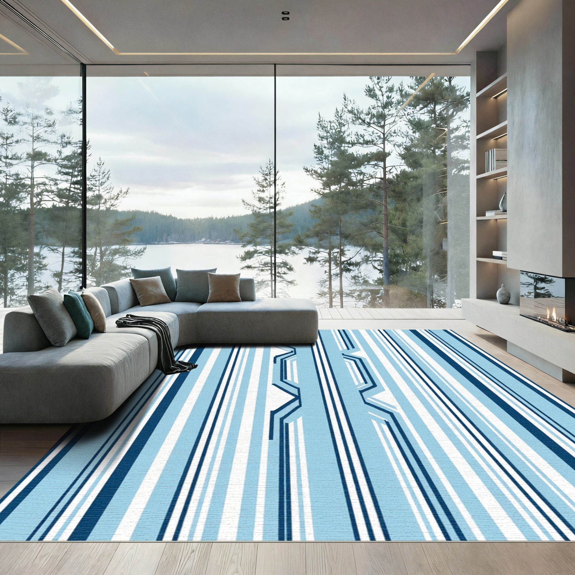 Navy Light Blue Vertical Stripe Weave Rug