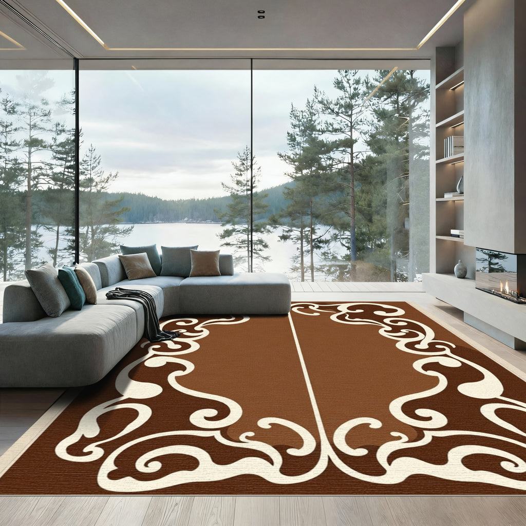 Cream Swirl Border Brown Rug