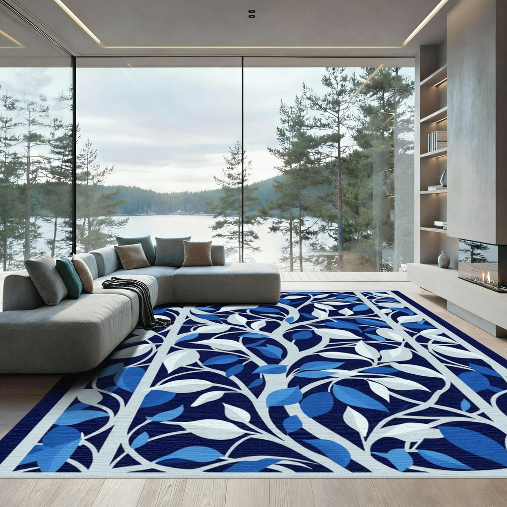 Deep Blue White Leafy Tree Branch Rug