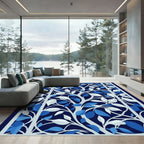 Deep Blue White Leafy Tree Branch Rug