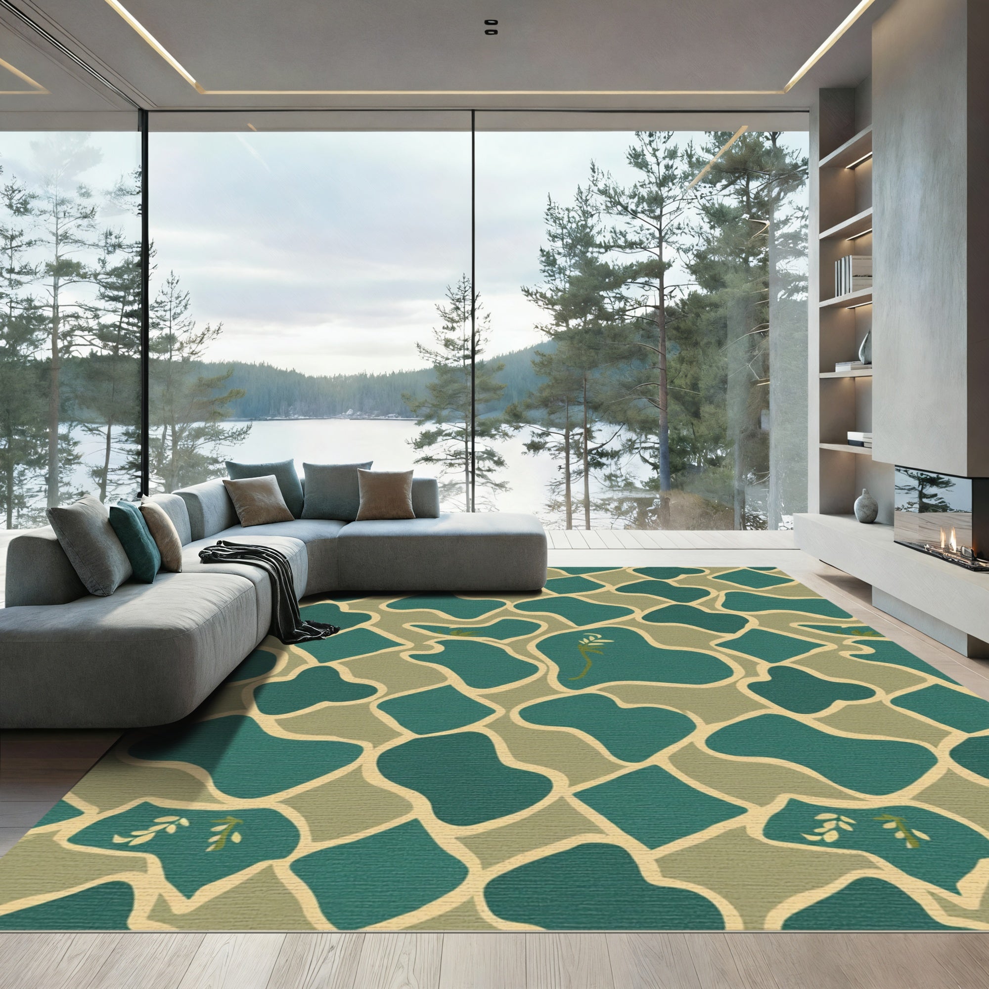 Teal Abstract Organic Forms Garden Rug