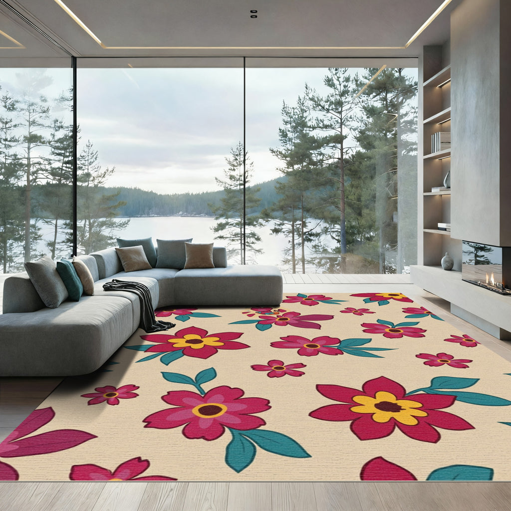 Crimson Yellow Floral Leaf Arrangement Rug