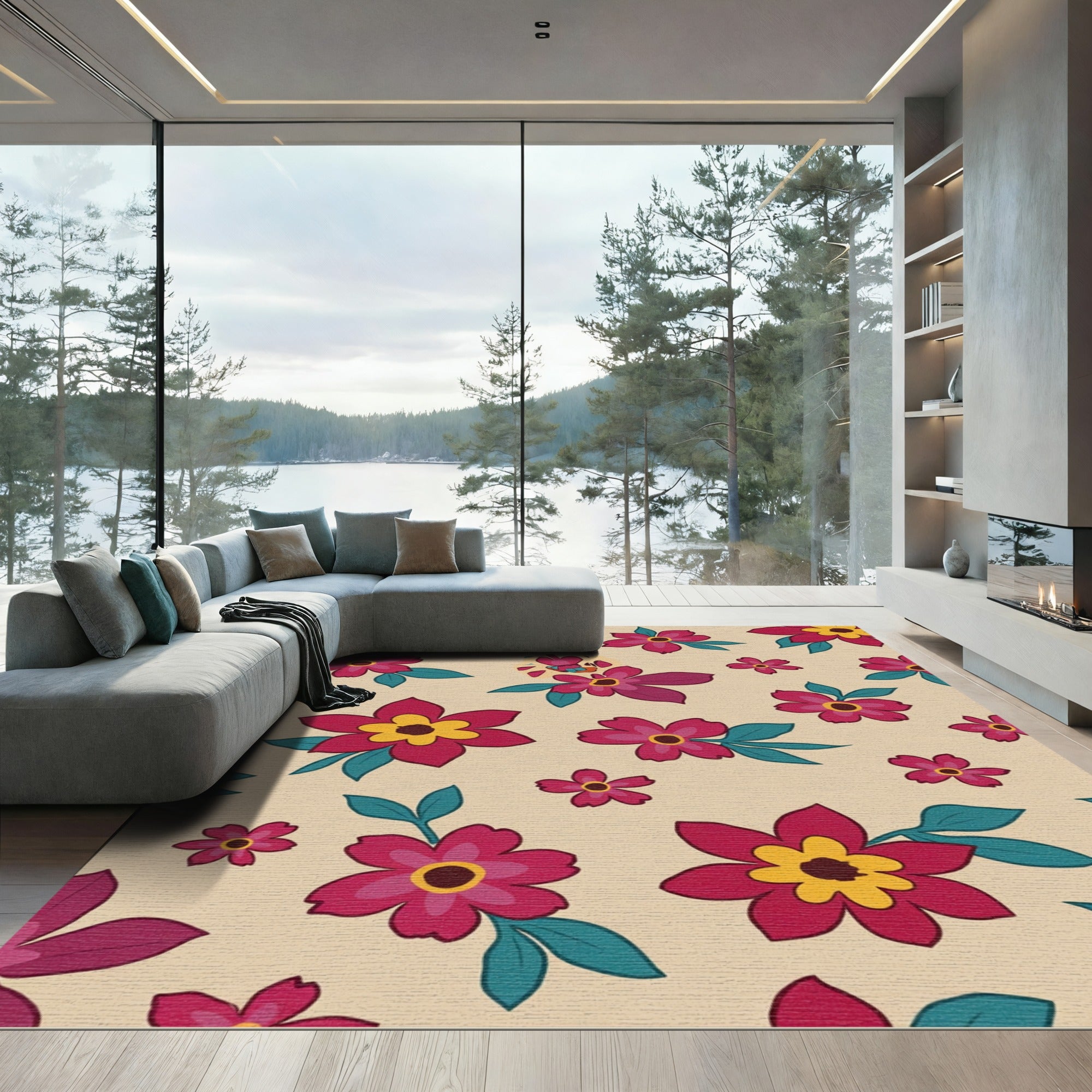 Crimson Yellow Floral Leaf Arrangement Rug