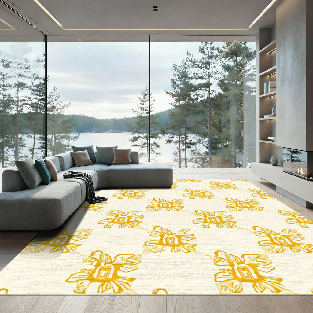 Golden Floral Diagonal Repeating Rug