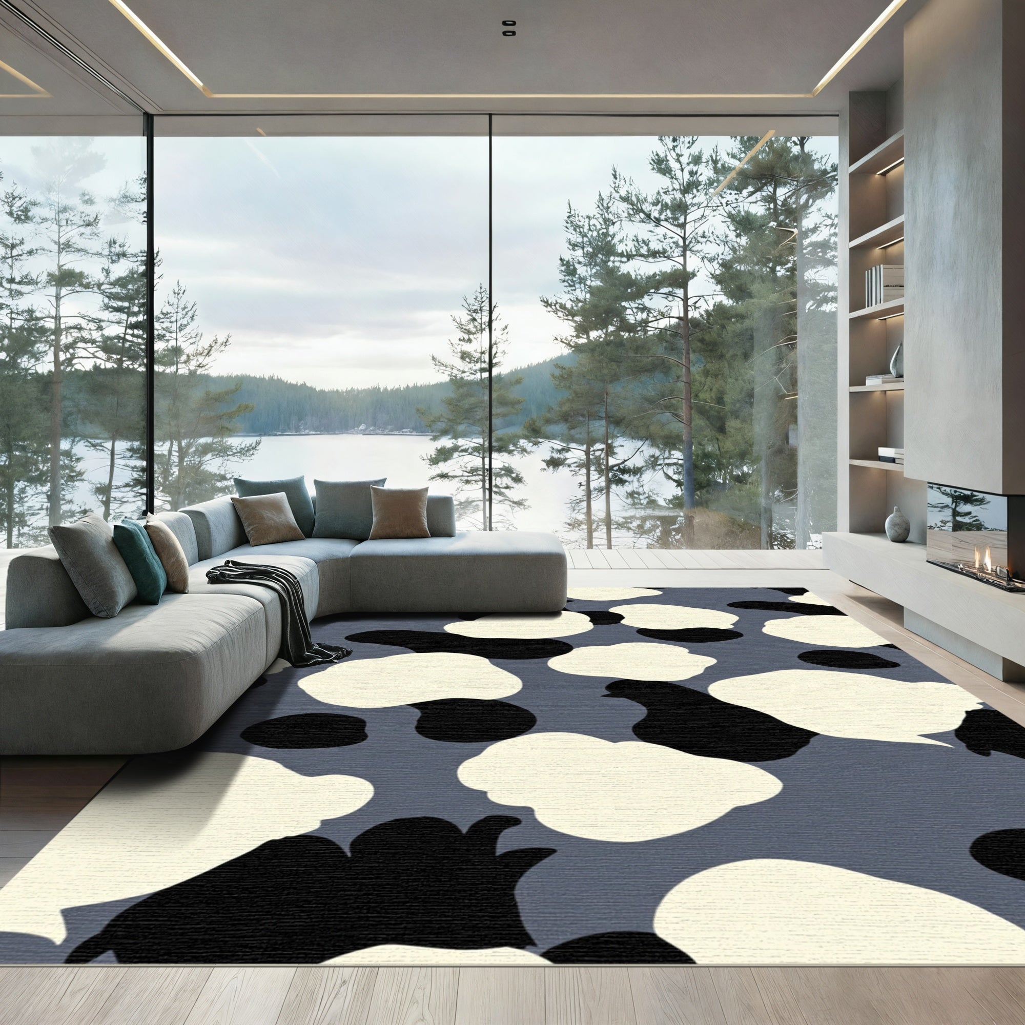 Abstract Black Ivory Camouflage Shapes Rug