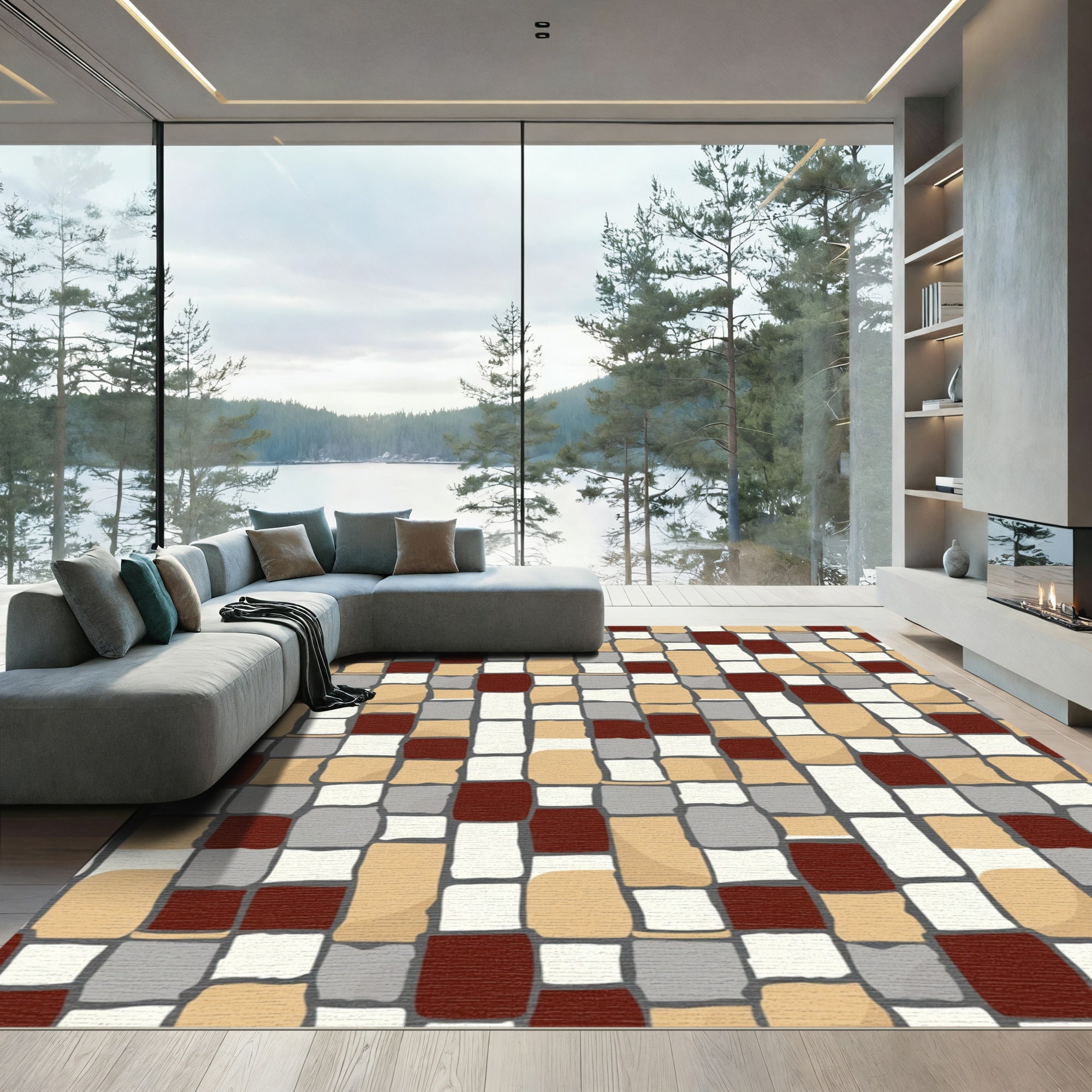 Red Gold Tan Gray Block Pattern Rug