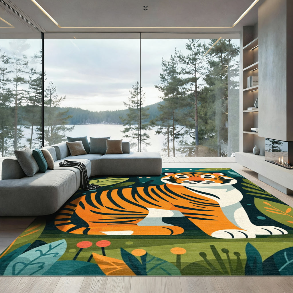 Jungle Tiger With Lush Foliage Scene Rug