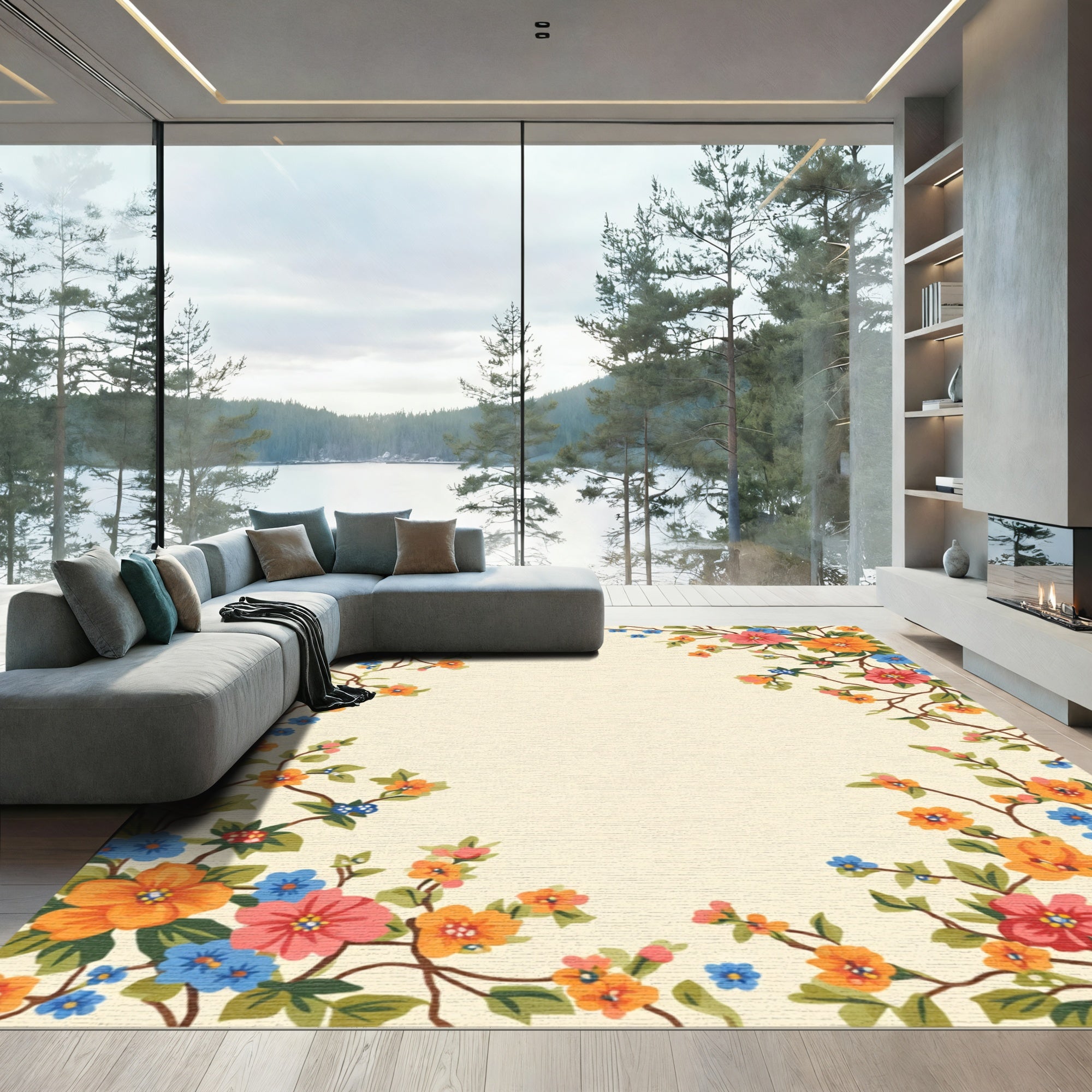 Vibrant Floral Vine Border Rug
