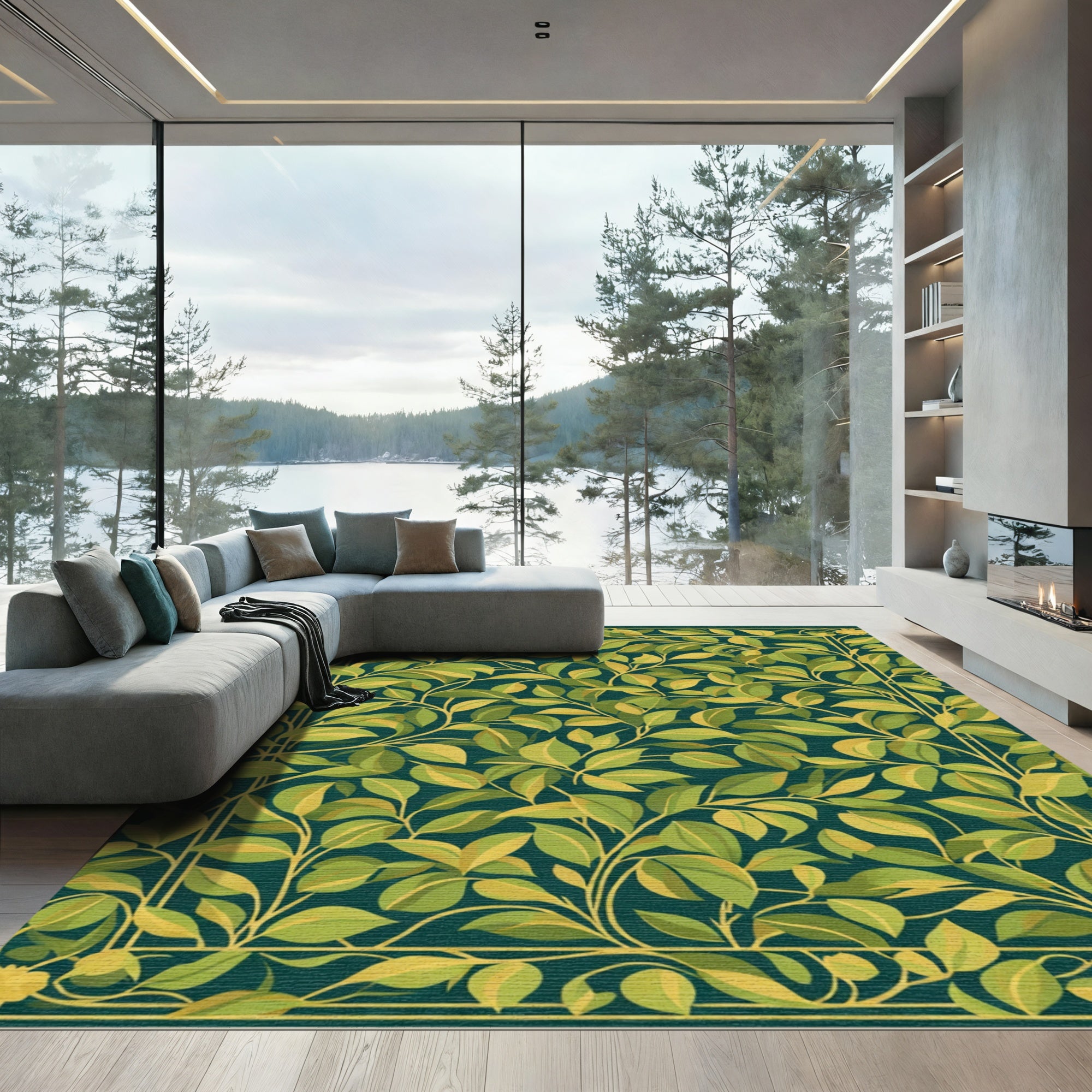 Green Leafy Botanical Garden Border Rug