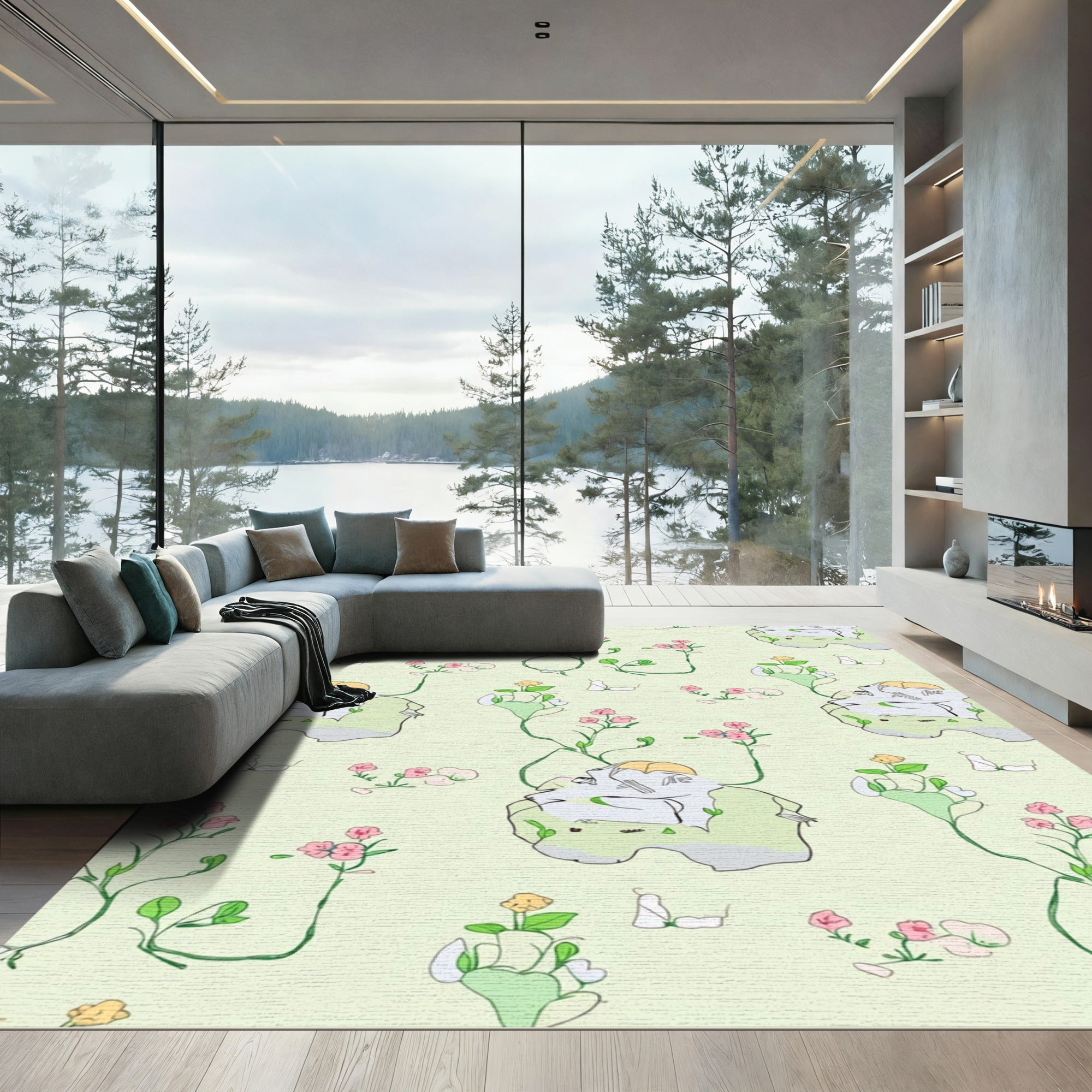 Whimsical Pink Floral Vine Accents Rug