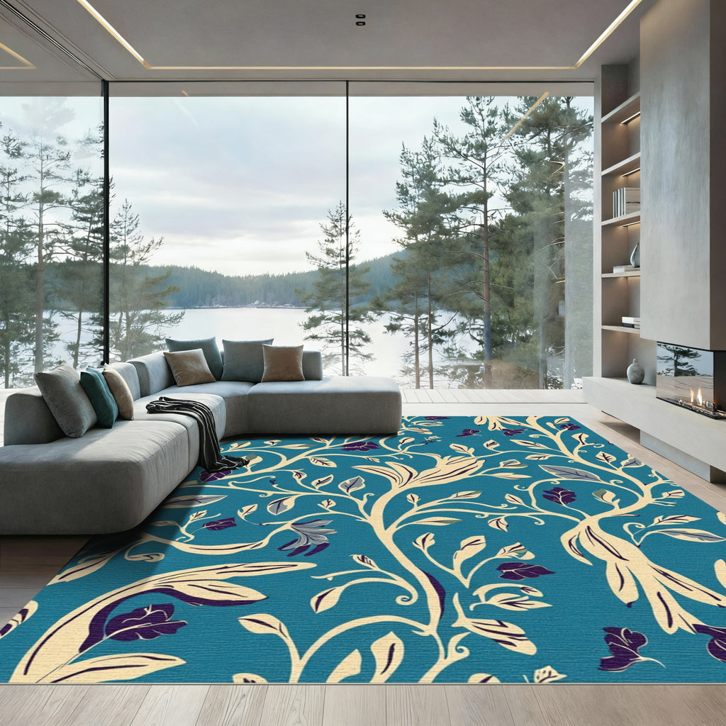 Turquoise Ivory Floral Vine Swirls Rug