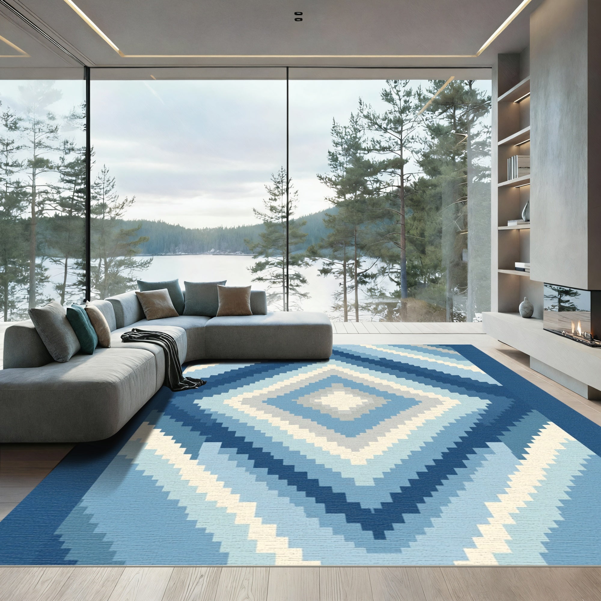 Ocean Blue Gradient Diamond Stripes Rug
