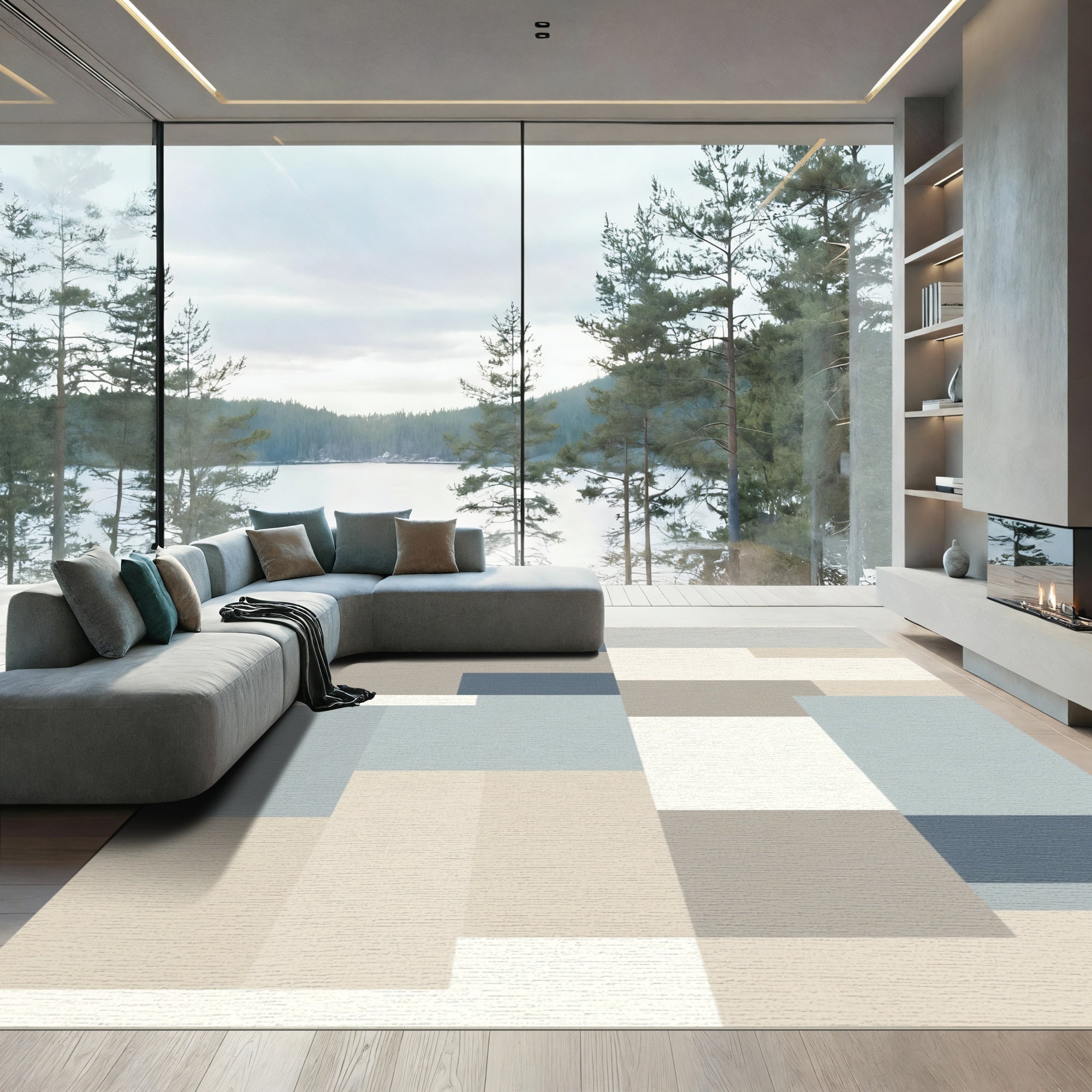 Gray Blue Beige Abstract Rectangles Rug