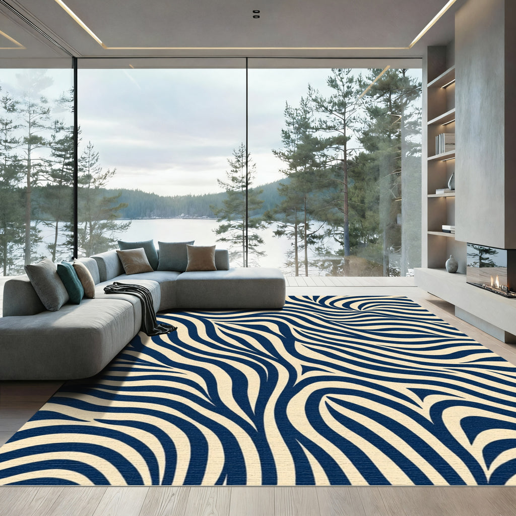 Navy Cream Flowing Zebra Stripe Rug