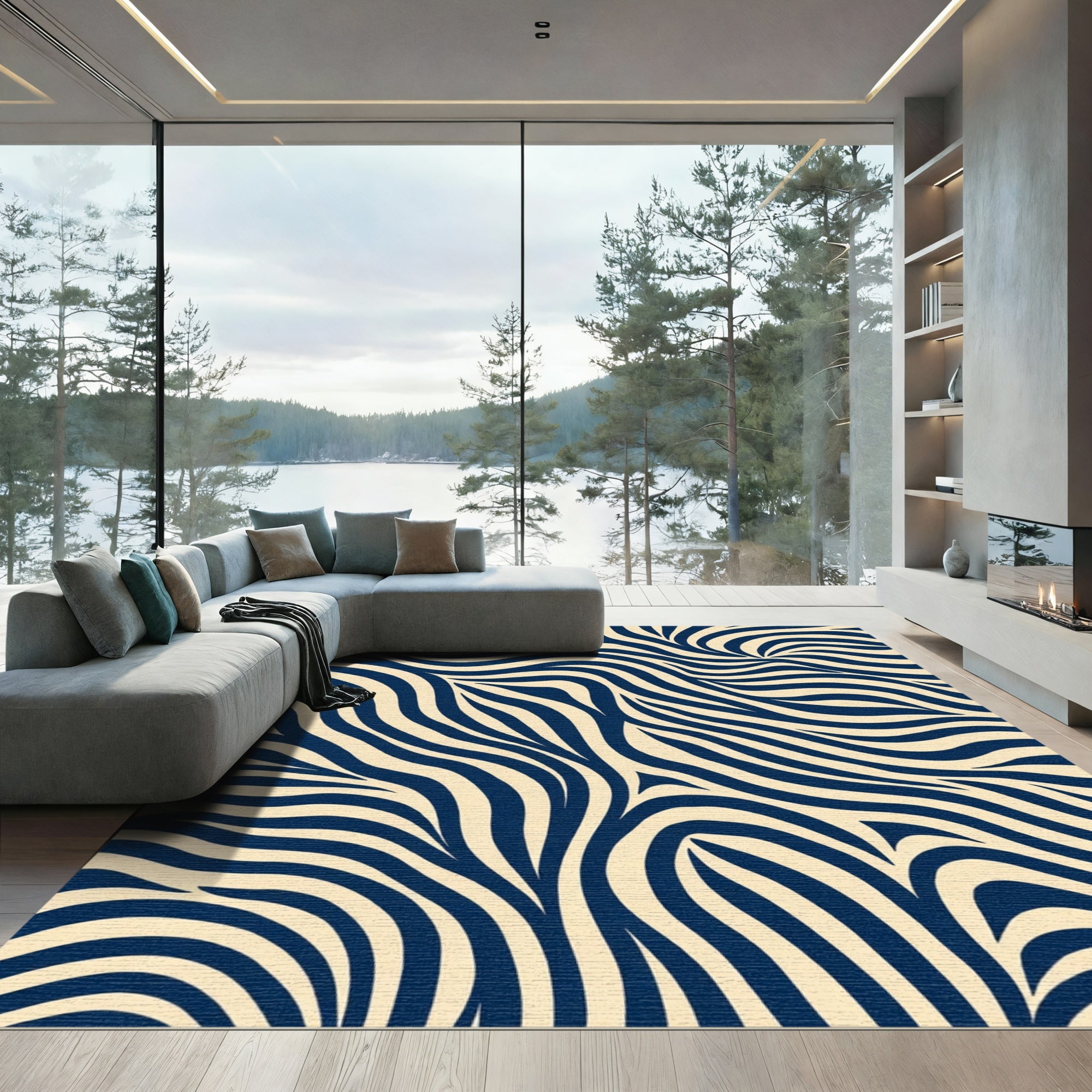 Navy Cream Flowing Zebra Stripe Rug