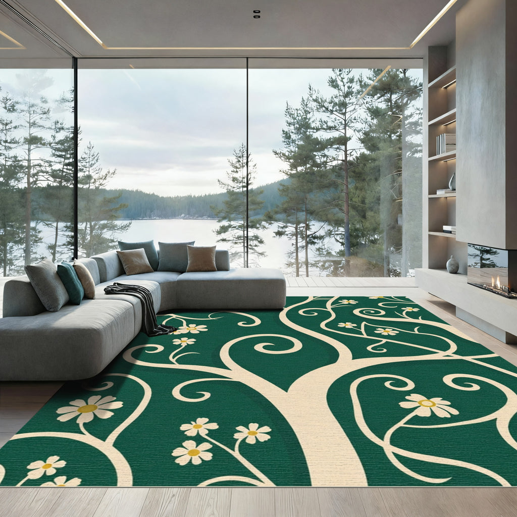 Cream Swirl Floral Emerald Garden Rug