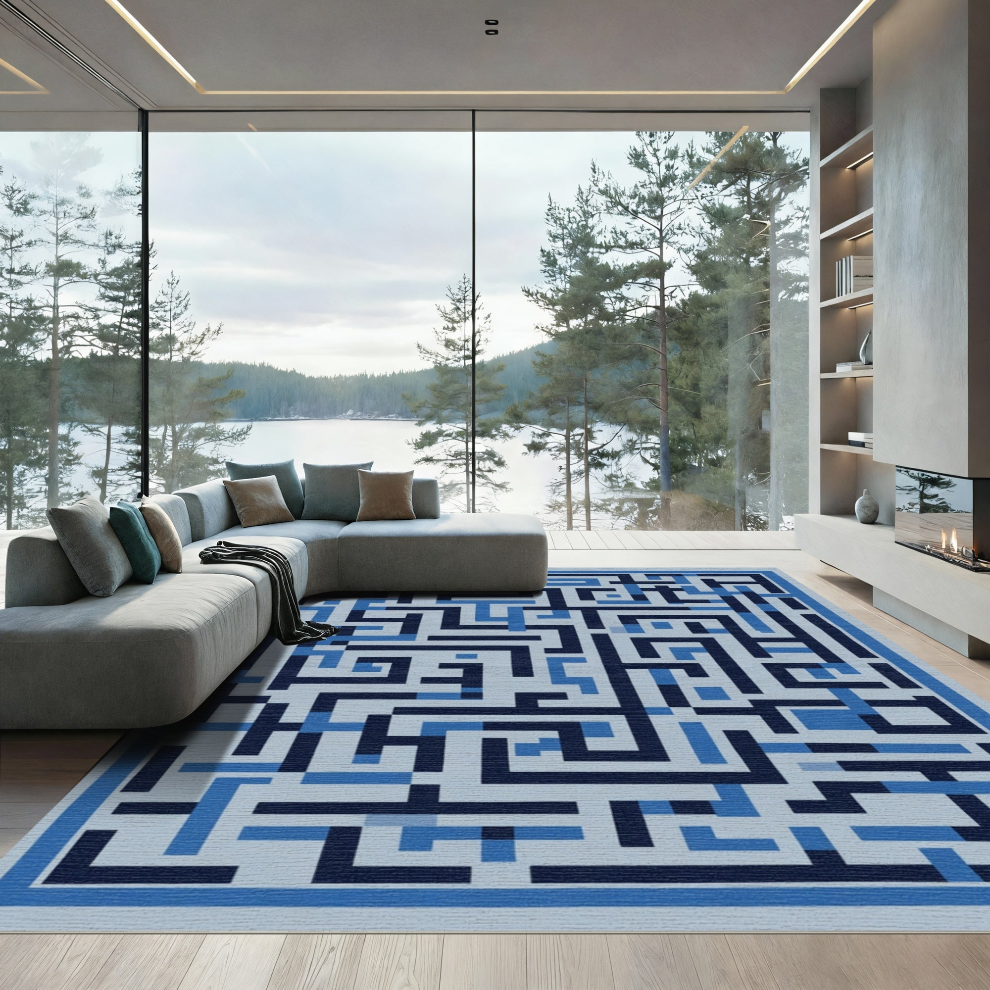 Navigational Blue Geometric Maze Rug