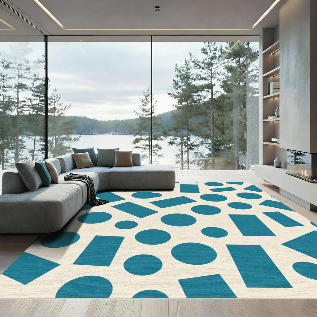 Teal Circles Rectangles Textured Background Rug