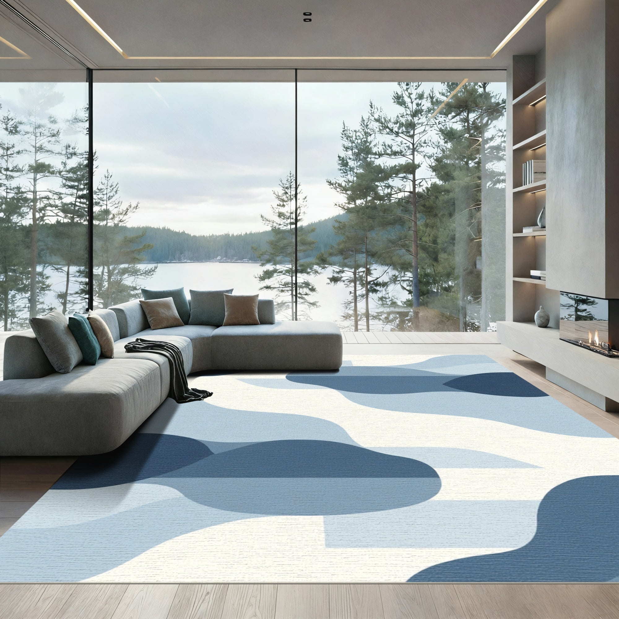 Deep Blue Abstract Organic Flow Rug