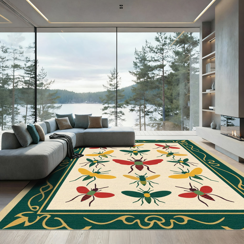 Crimson Gold Green Bee Medallion Frame Rug