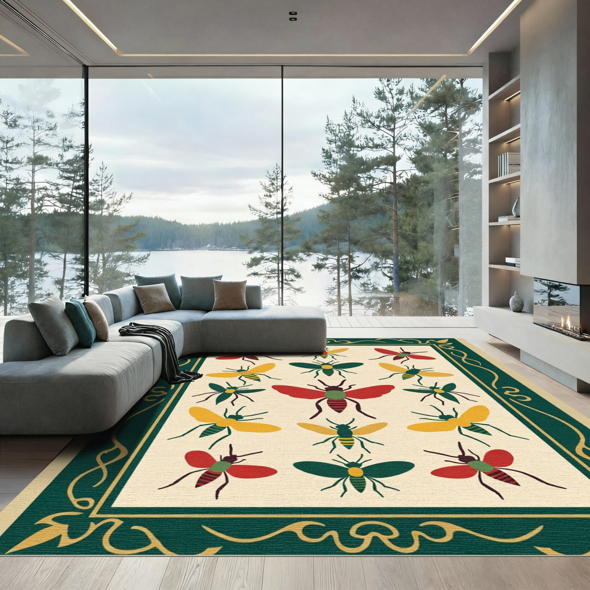 Crimson Gold Green Bee Medallion Frame Rug