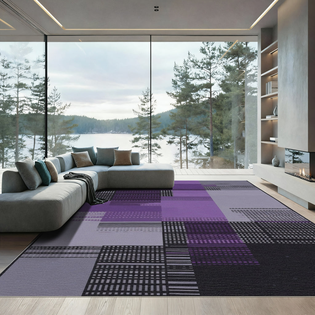 Purple and Black Geometric Grid Rug