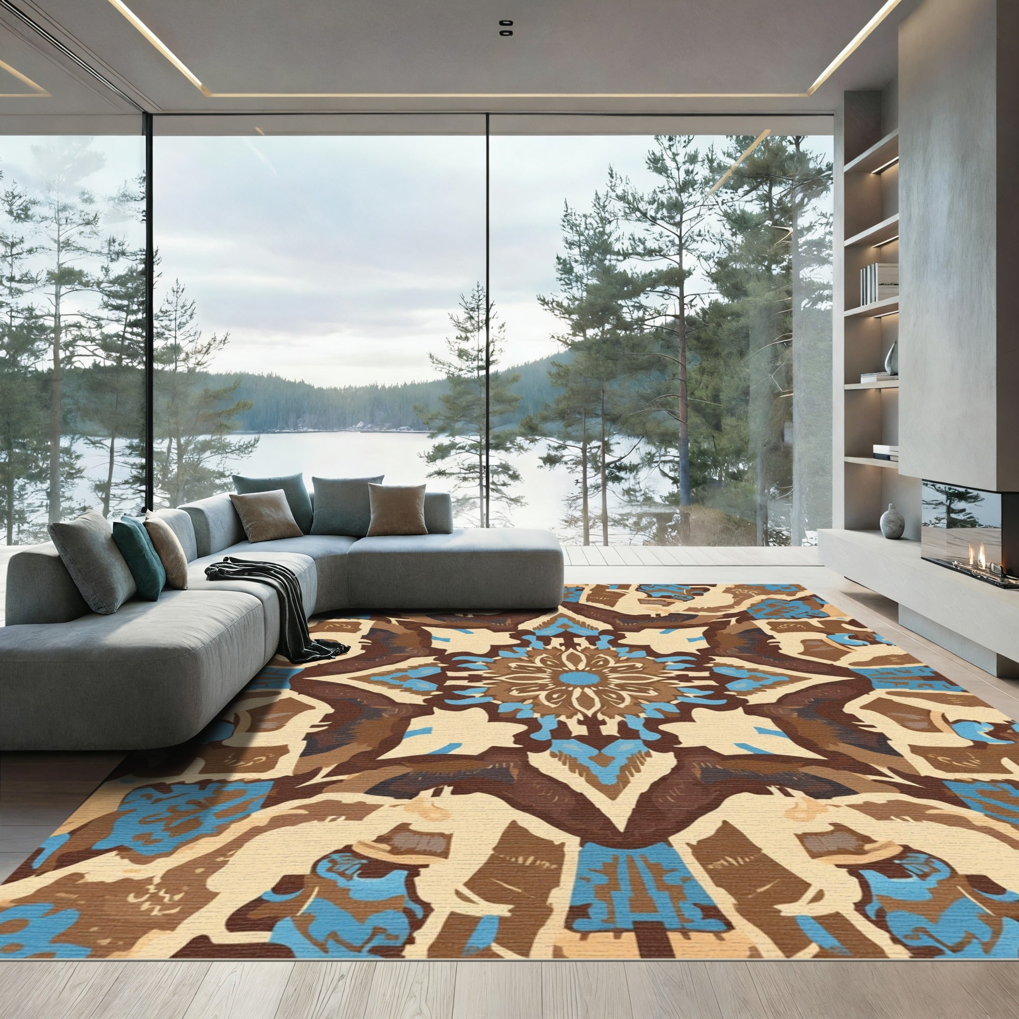 Earthy Blue Abstract Mandala Rug