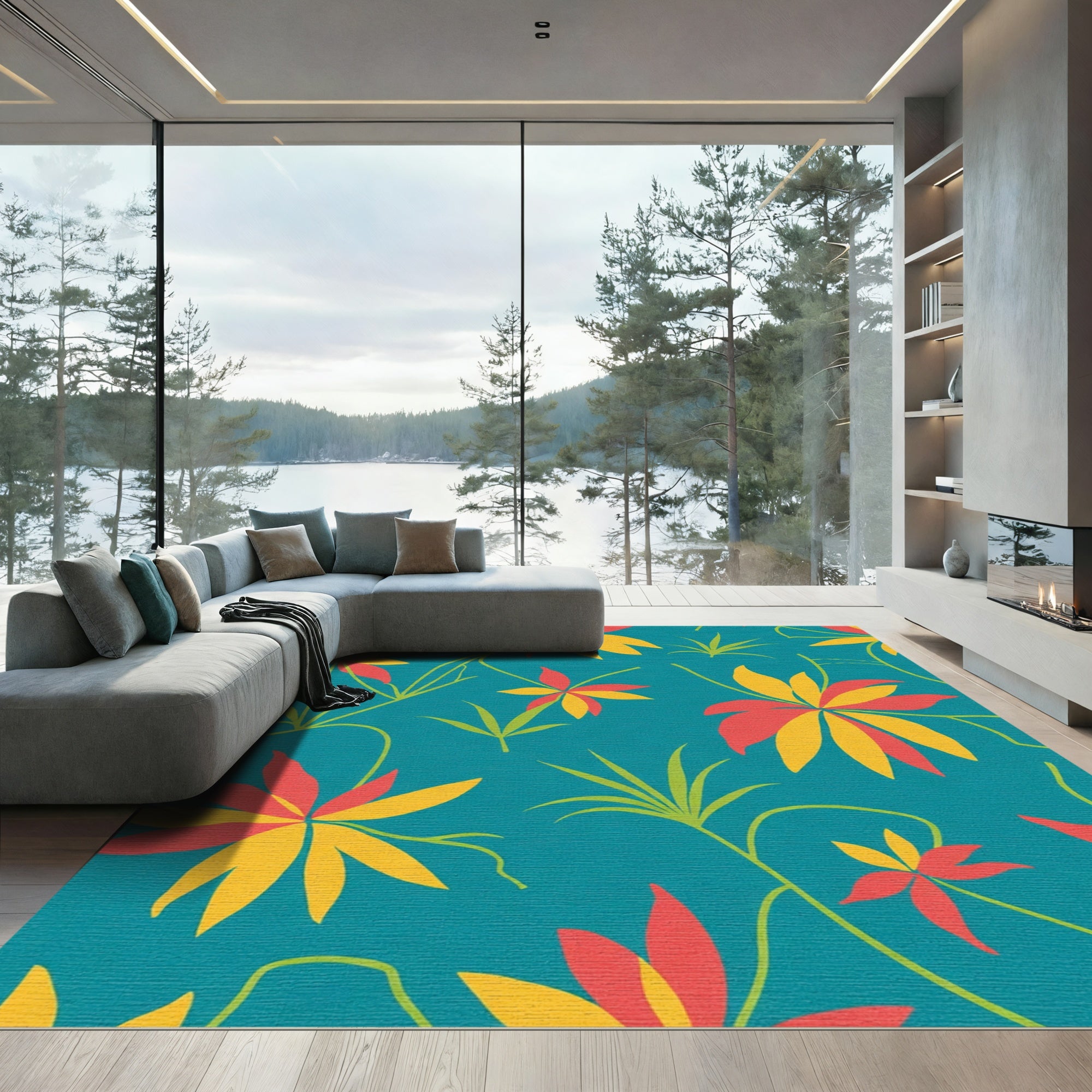 Coral Yellow Floating Floral Vines Rug