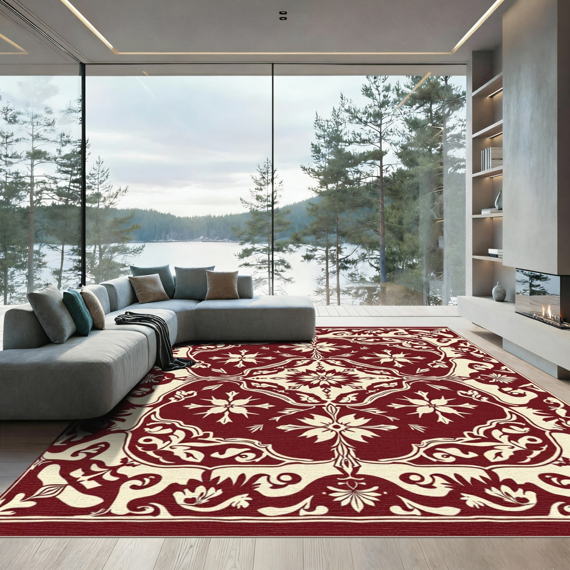 Deep Red Floral Medallion Damask Rug