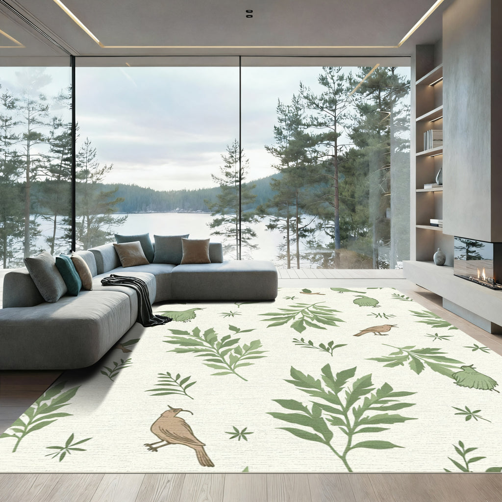 Charming Green Foliage Bird Arrangement Rug