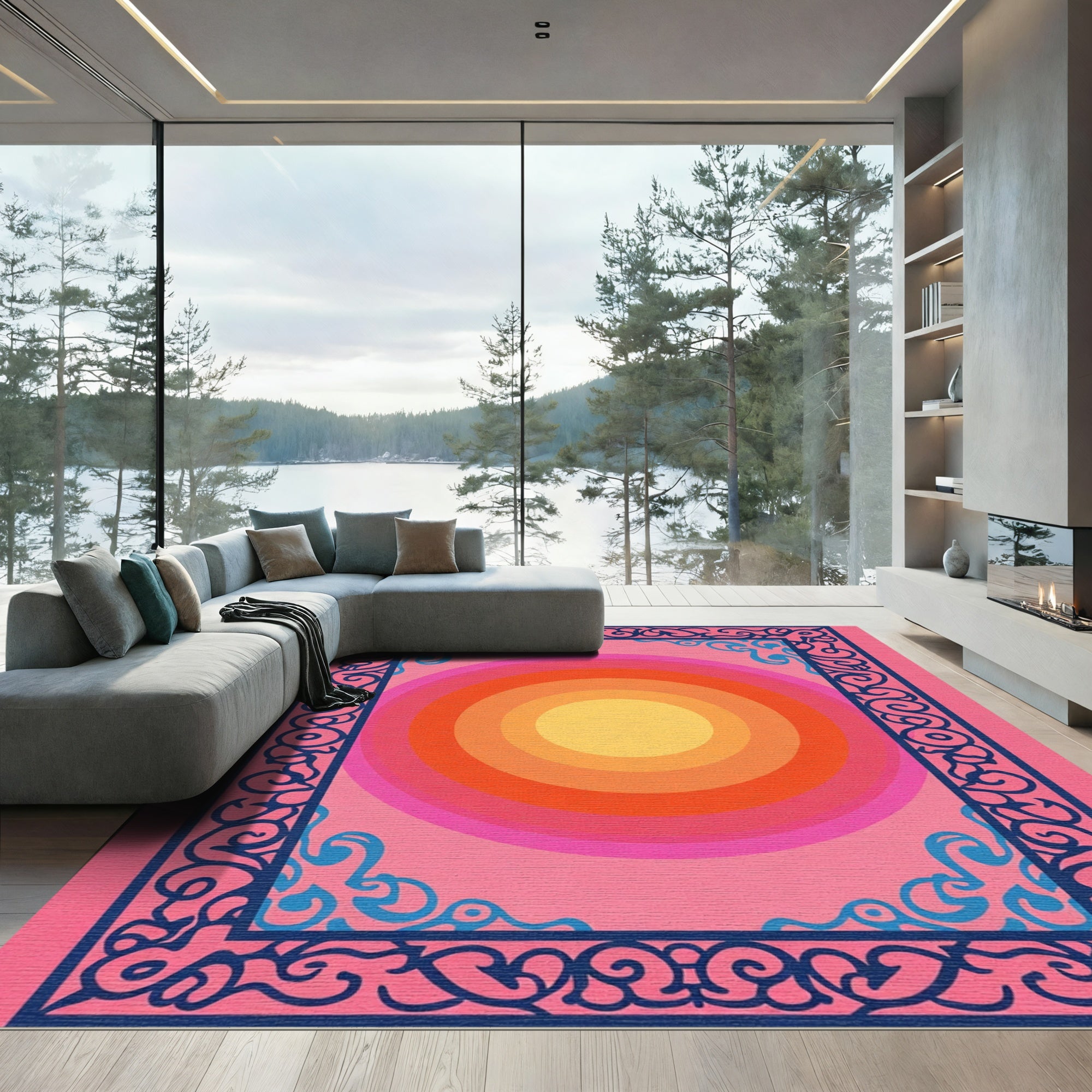Pink Sunset Concentric Circles Border Rug