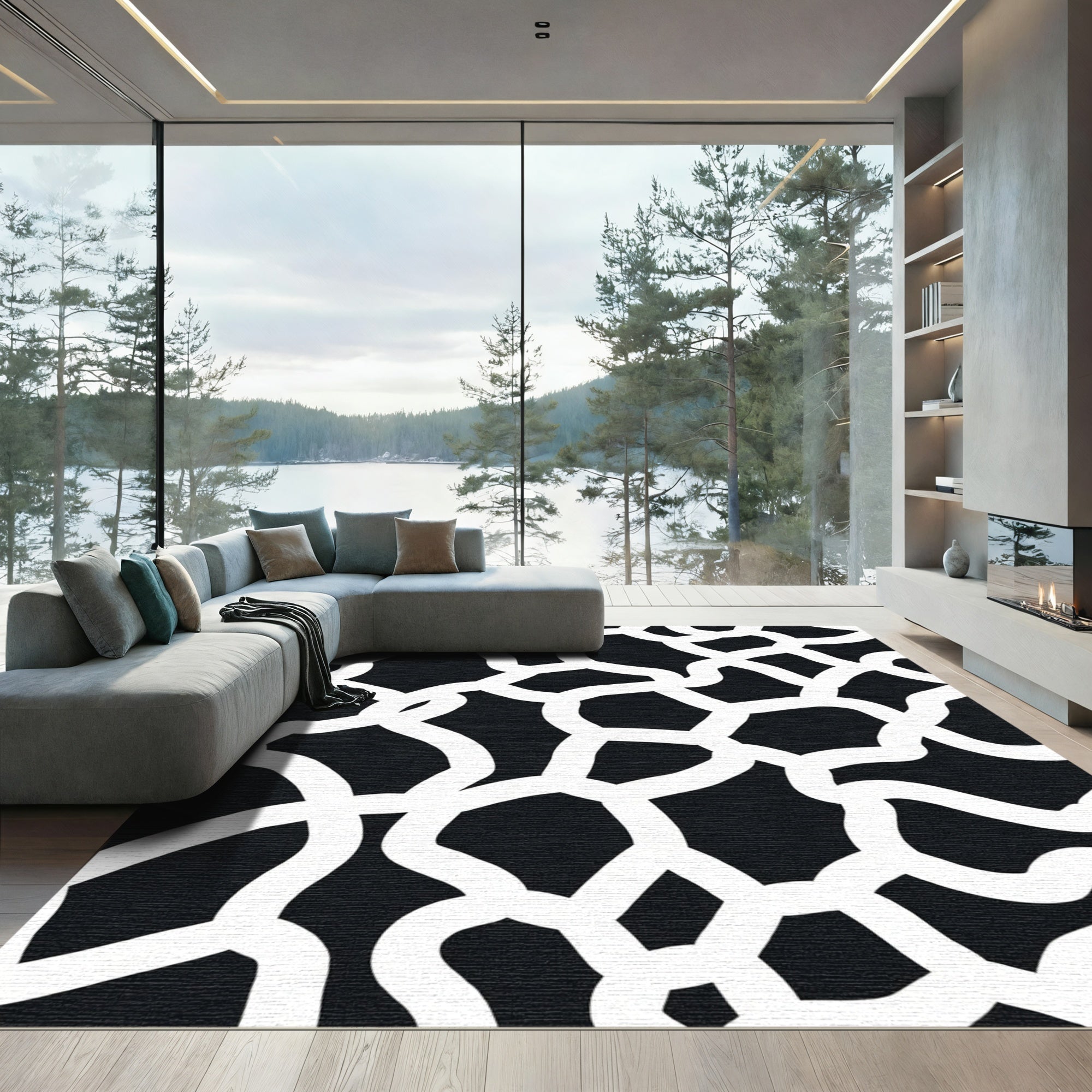Monochrome Abstract Organic Network Rug