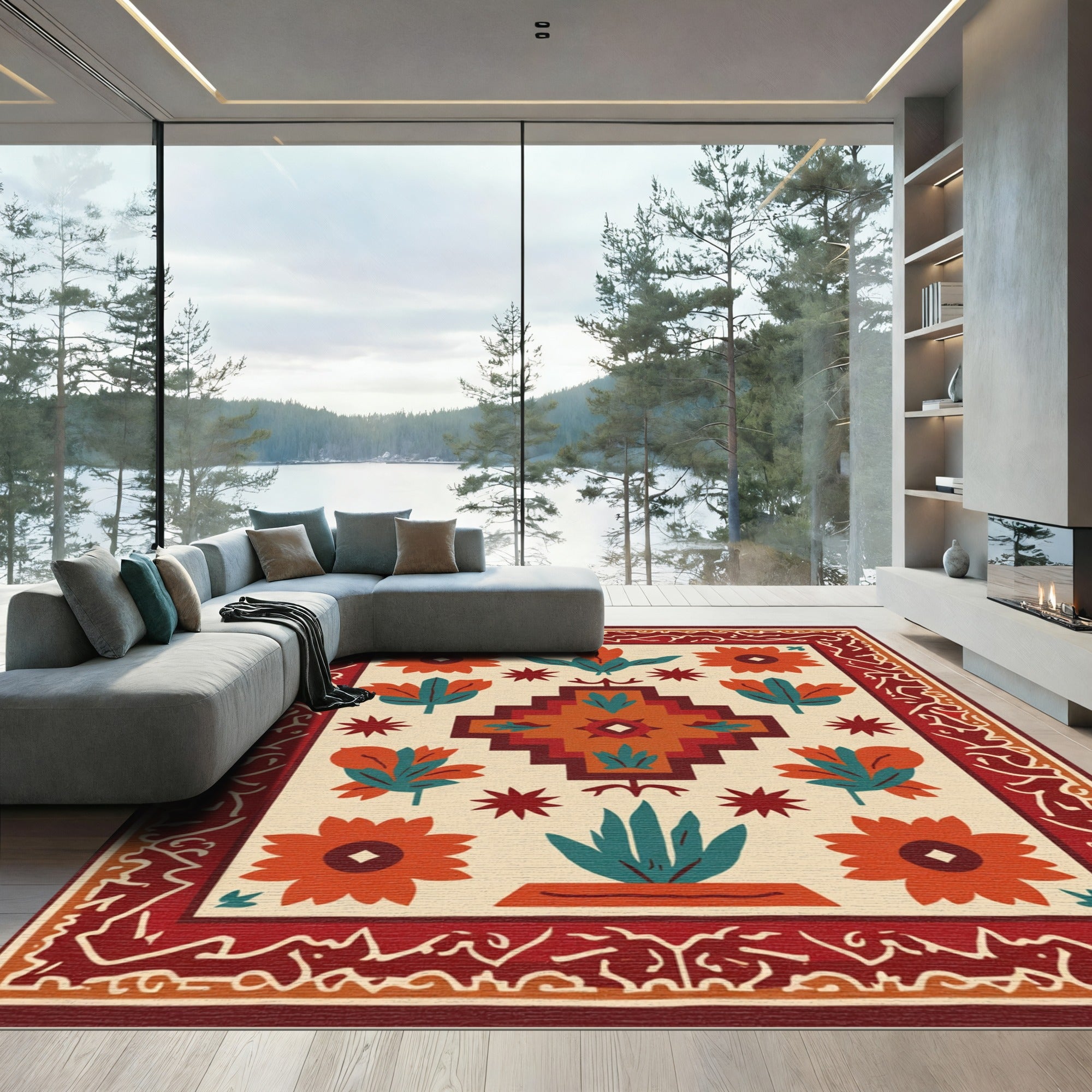 Terracotta Orange Folk Art Floral Rug