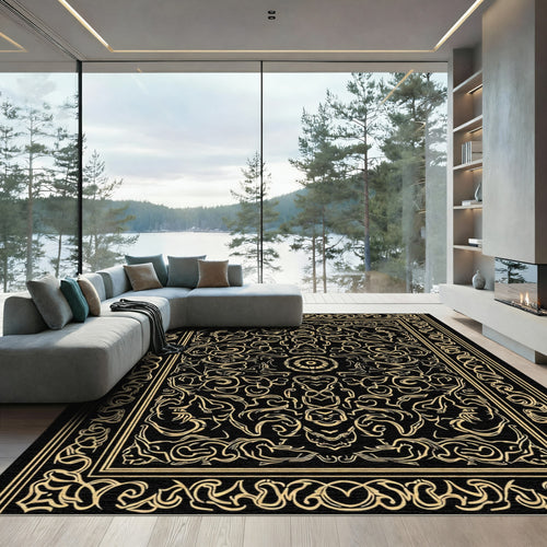 Black Golden Intricate Scrollwork Medallion Rug