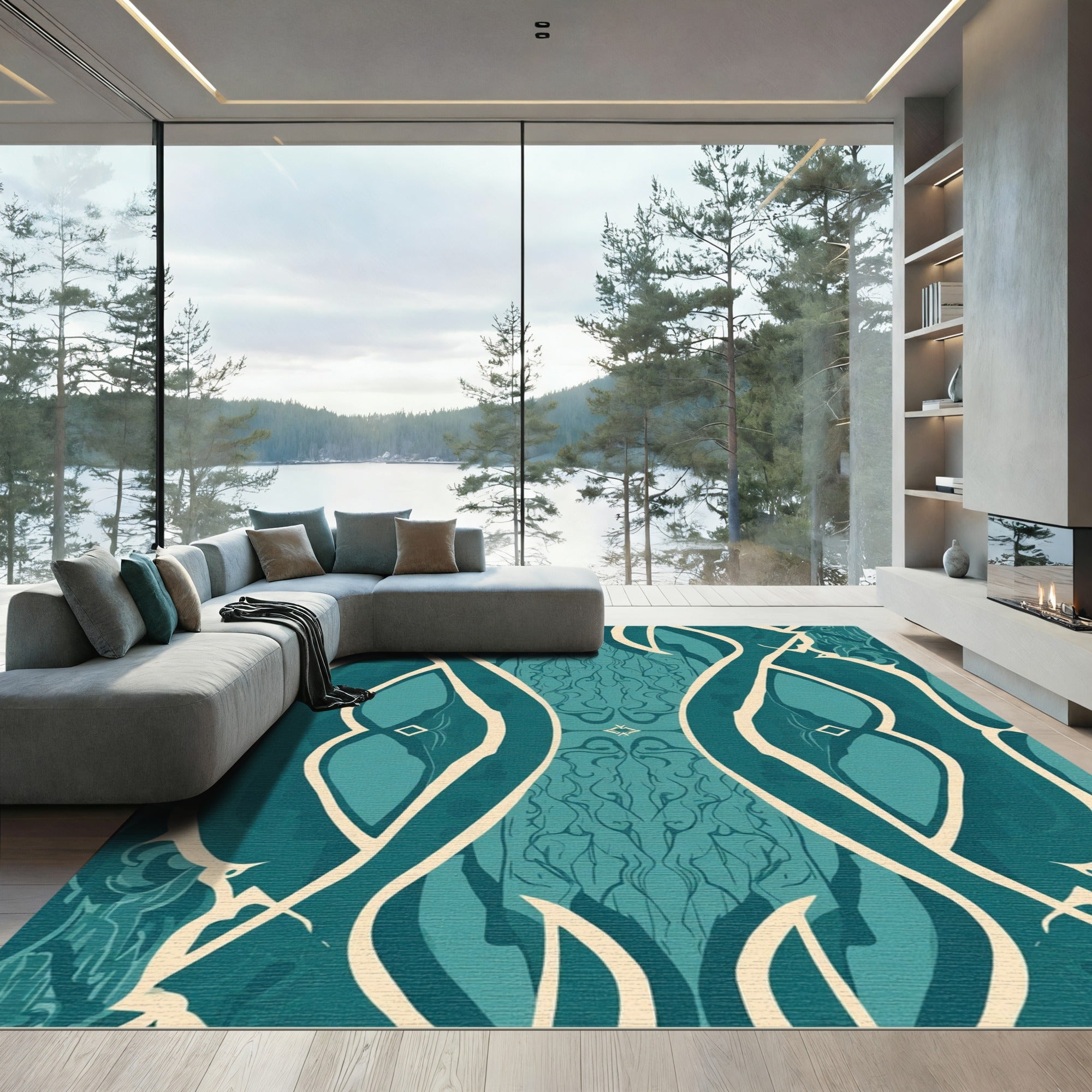 Teal Cream Organic Flowing Forms Rug