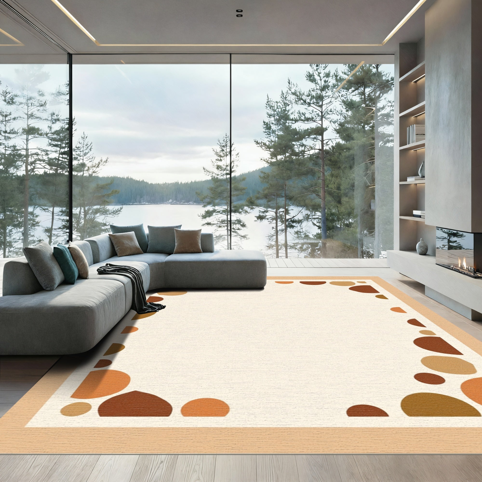 Earthy Tone Abstract Pebble Border Rug
